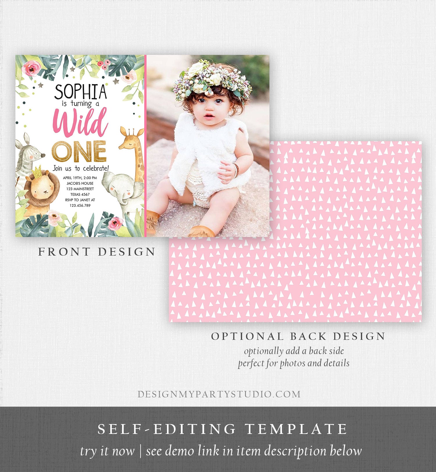 Editable Wild One Birthday Invitation First 1st Girl Party Jungle Safari Animals Pink Gold Download Printable Template Editable Corjl 0163