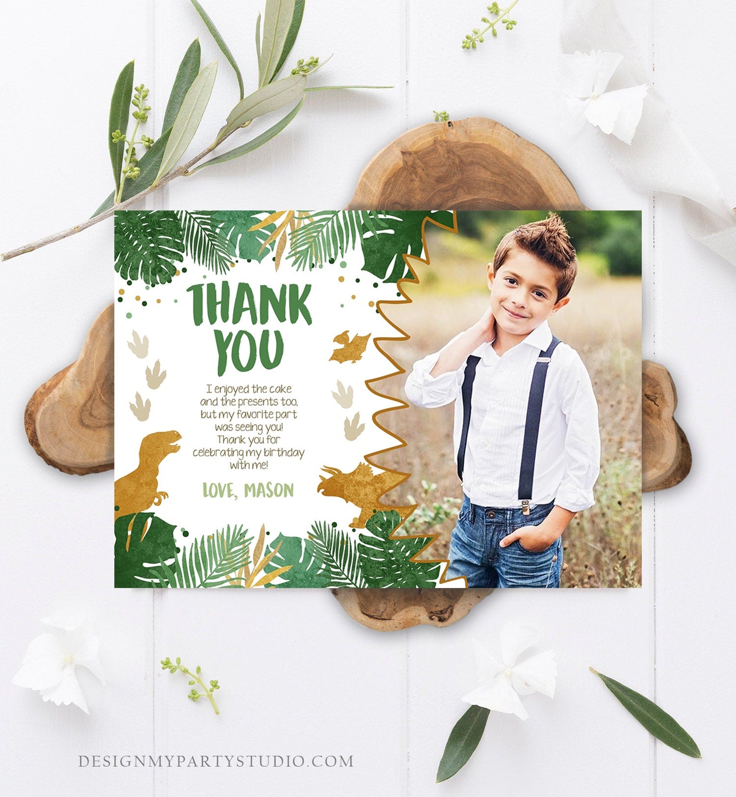 Editable Dinosaur Thank You Card Birthday Boy Black Green Gold Dino Party T-Rex Photo Download Printable Corjl Template Digital 0146