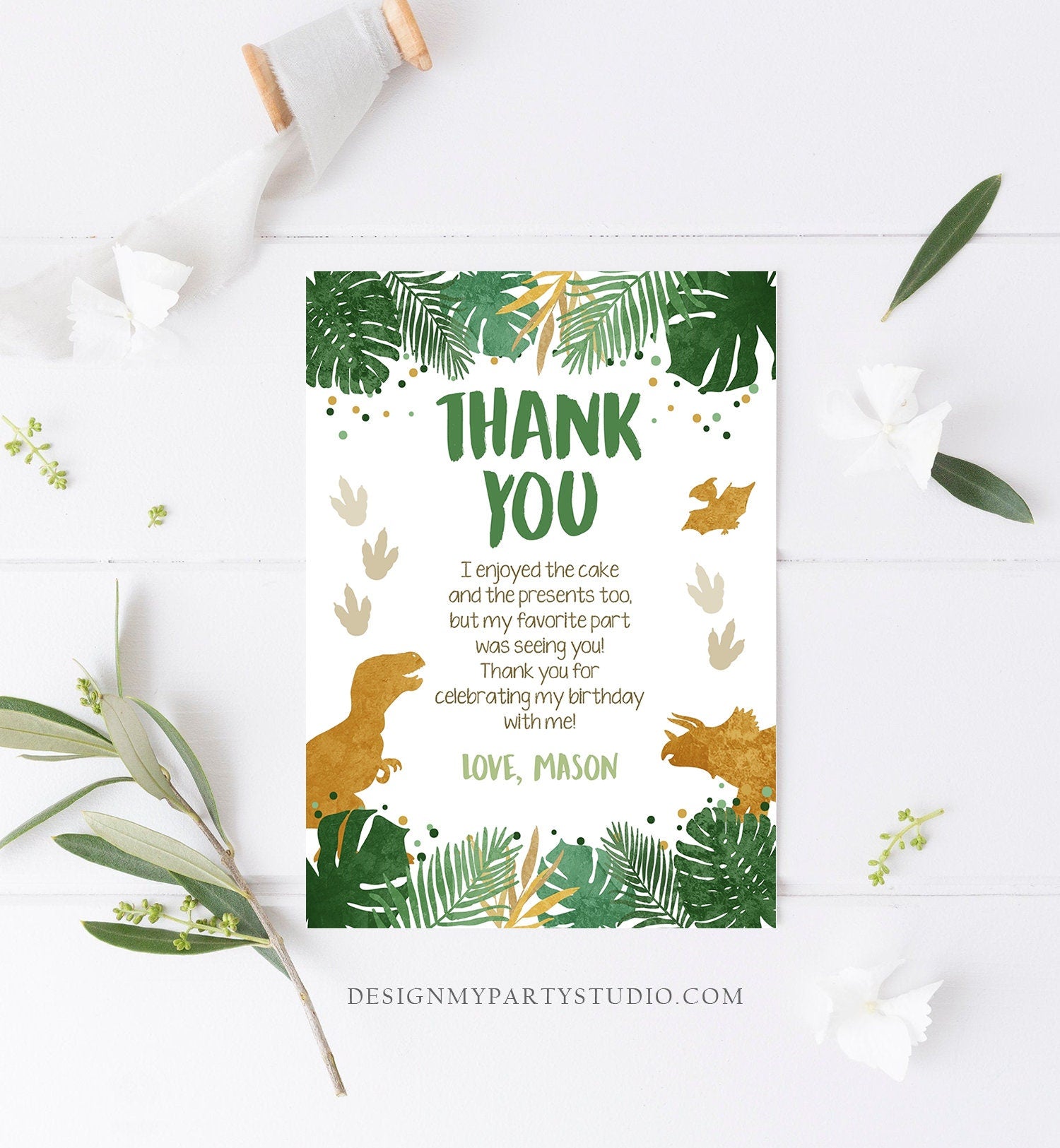 Editable Dinosaur Thank You Card Birthday Boy Black Green Gold Dino Party T-Rex Photo Digital Download Corjl Template Printable 0146