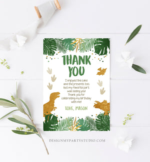 Editable Dinosaur Thank You Card Birthday Boy Black Green Gold Dino Party T-Rex Photo Download Printable Corjl Template Digital 0146