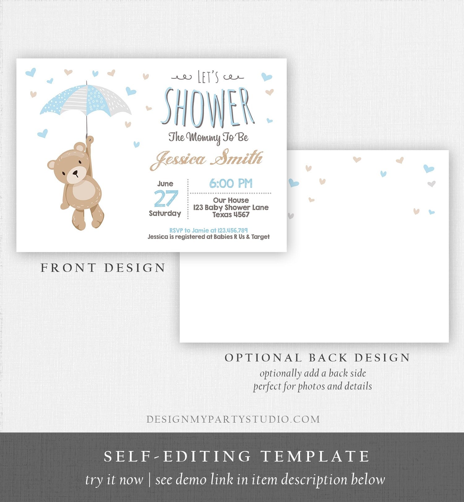 Editable Bear Baby Shower Invitation Teddy Bear Cute Baby Boy Blue Bear Little Cub Woodland Template Instant Download Digital Corjl 0025