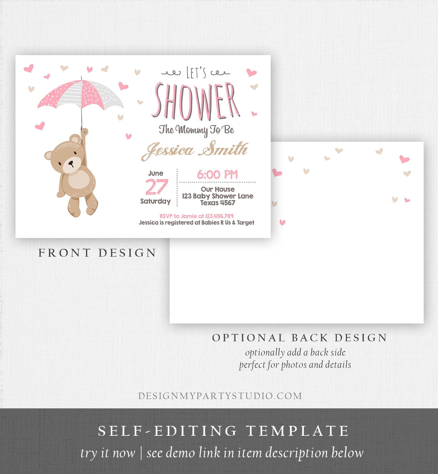 Editable Baby Shower Invitation Teddy Bear Cute Baby Girl Pink Bear Little Cub Woodland Template Instant Download Digital Corjl 0025