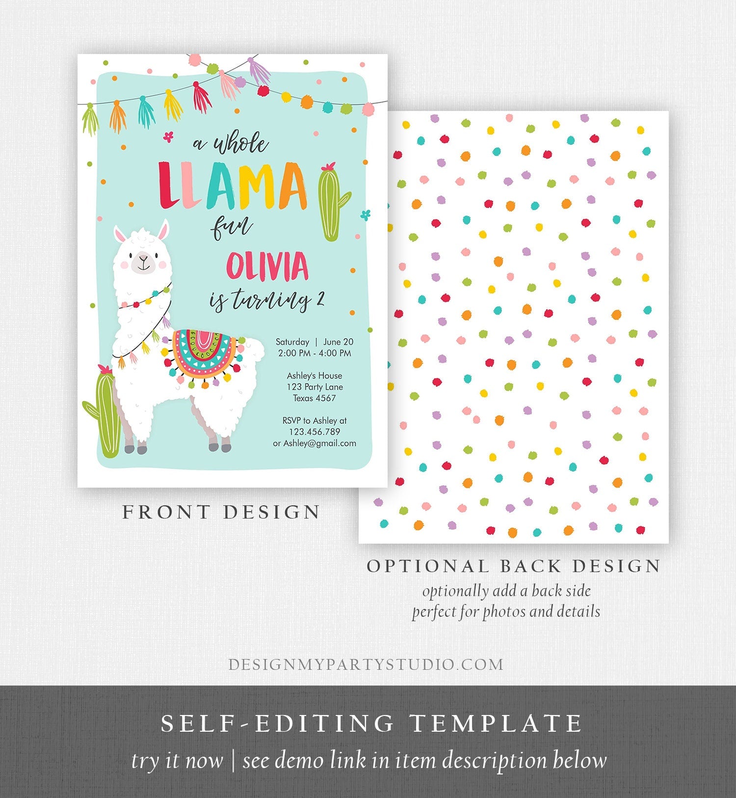 Editable Whole Llama Fun Birthday Invitation Fiesta Mexican Cactus Alpaca Girl Blue Party Digital Download Evite Template Printable 0079