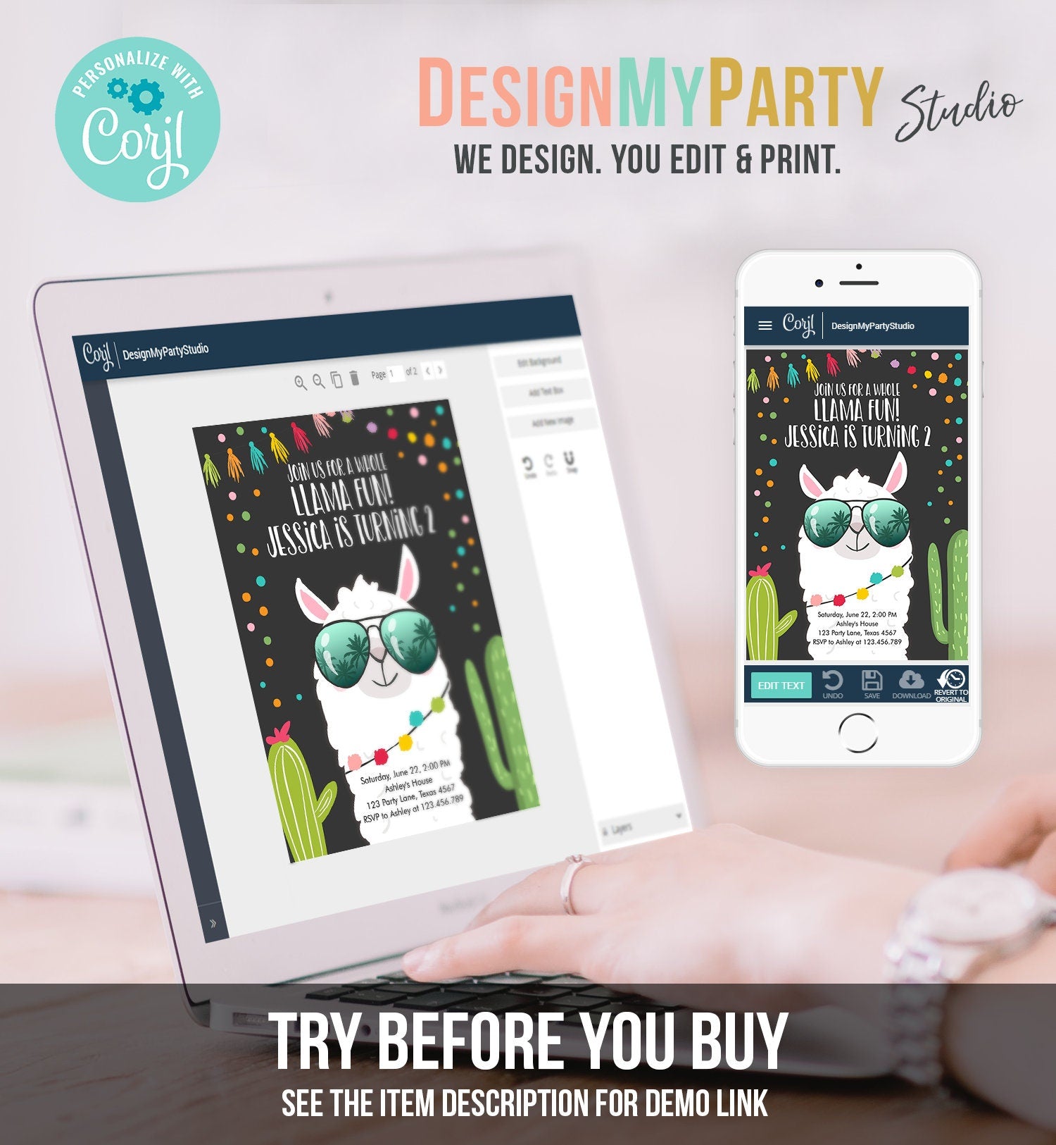 Editable Whole Llama Fun Birthday Invitation Fiesta Llama Cactus Mexican Party Chalk Confetti Girl Boy Alpaca Corjl Template Printable 0079