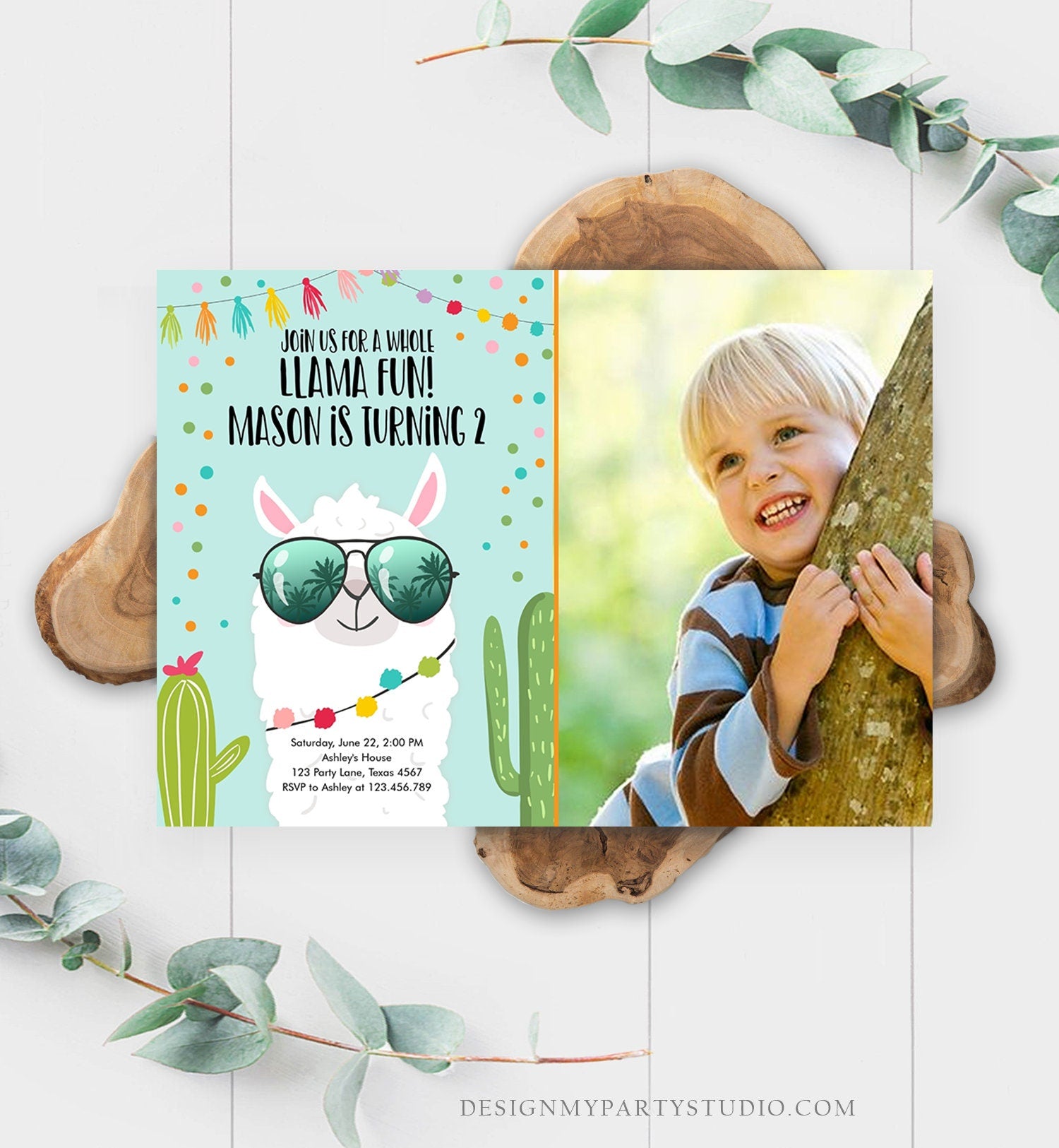 Editable Whole Llama Fun Birthday Invitation Llama Fiesta Cactus Confetti Boy Blue Alpaca Photo Download Printable Template Corjl 0079