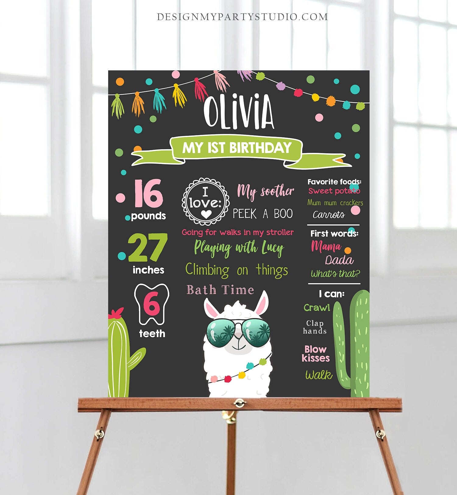 Editable Llama Birthday Milestones Sign Fiesta Mexican Alpaca Girl First Birthday 1st Chalk Instant Download Corjl Template Printable 0079