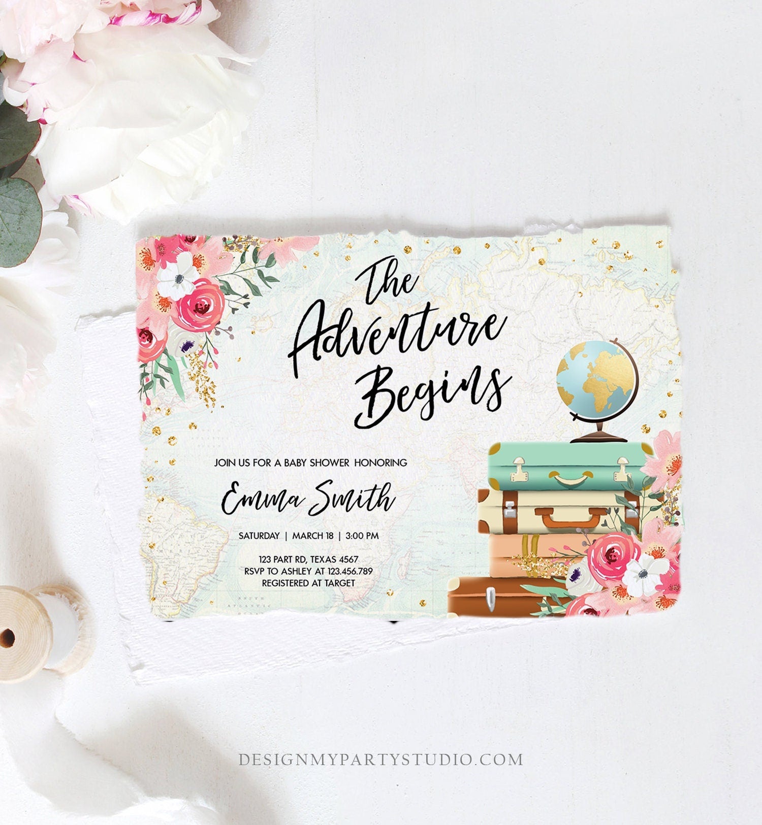 Editable The Adventure Begins Baby Shower Invitation Pink Floral Gold Confetti Suitcases Travel Around World Evite Template Printable 0030