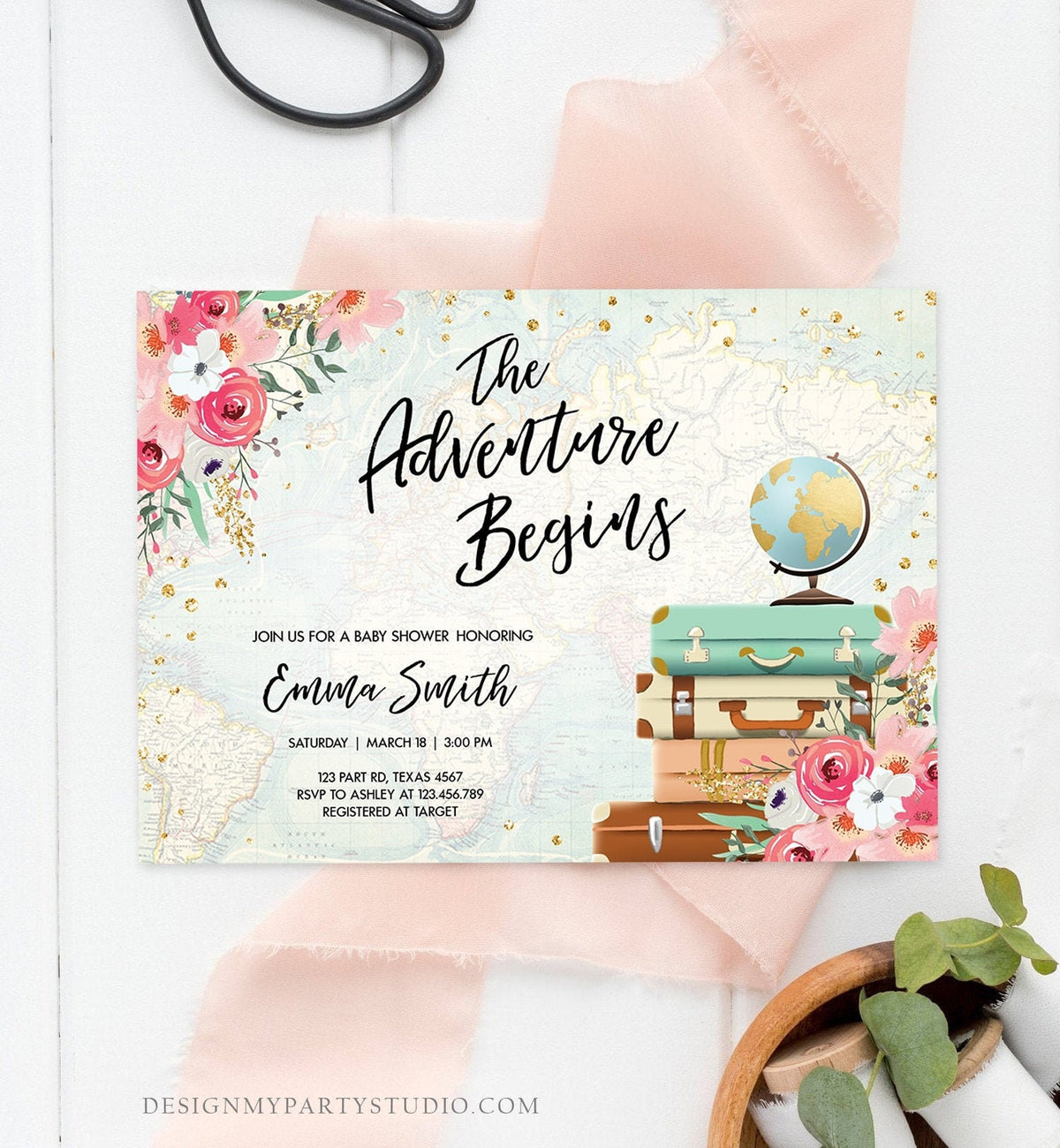 Editable The Adventure Begins Baby Shower Invitation Pink Floral Gold Confetti Suitcases Travel Around World Evite Template Printable 0030