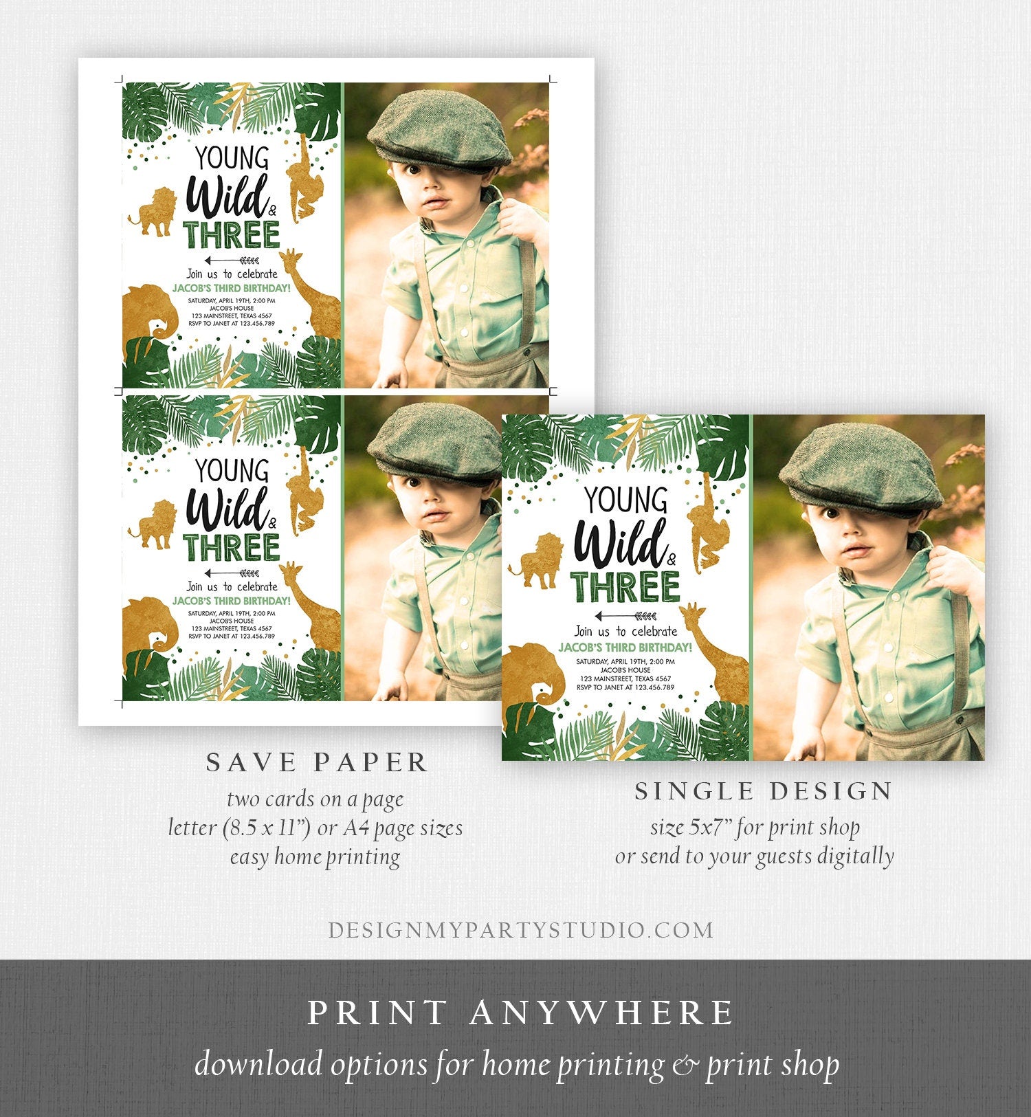 Editable Young Wild and Three Birthday Invitation Safari Animals Zoo Jungle Boy Gold 3rd Birthday Third Photo Printable Corjl Template 0016