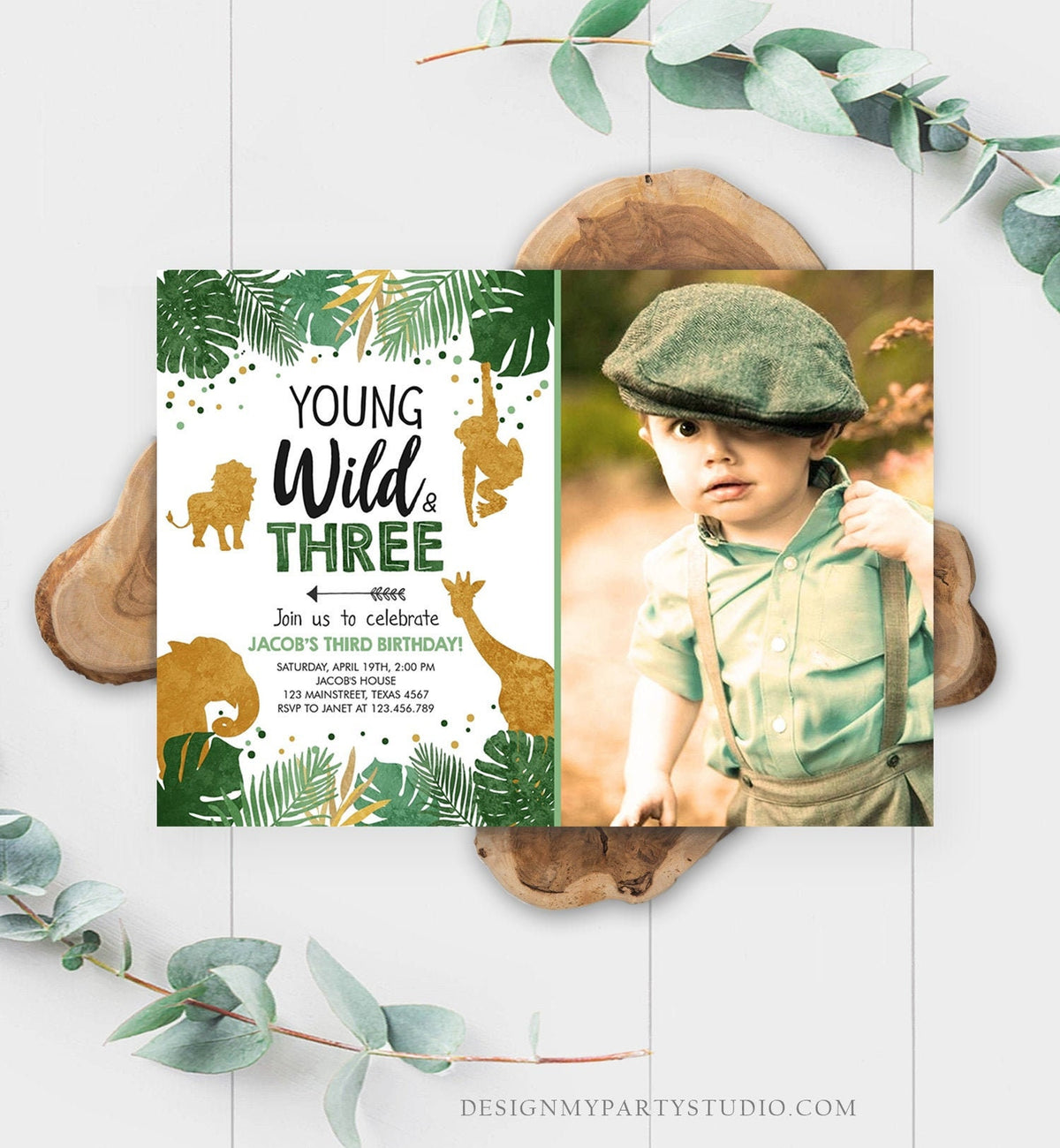 Editable Young Wild and Three Birthday Invitation Safari Animals Zoo Jungle Boy Gold 3rd Birthday Third Photo Printable Corjl Template 0016