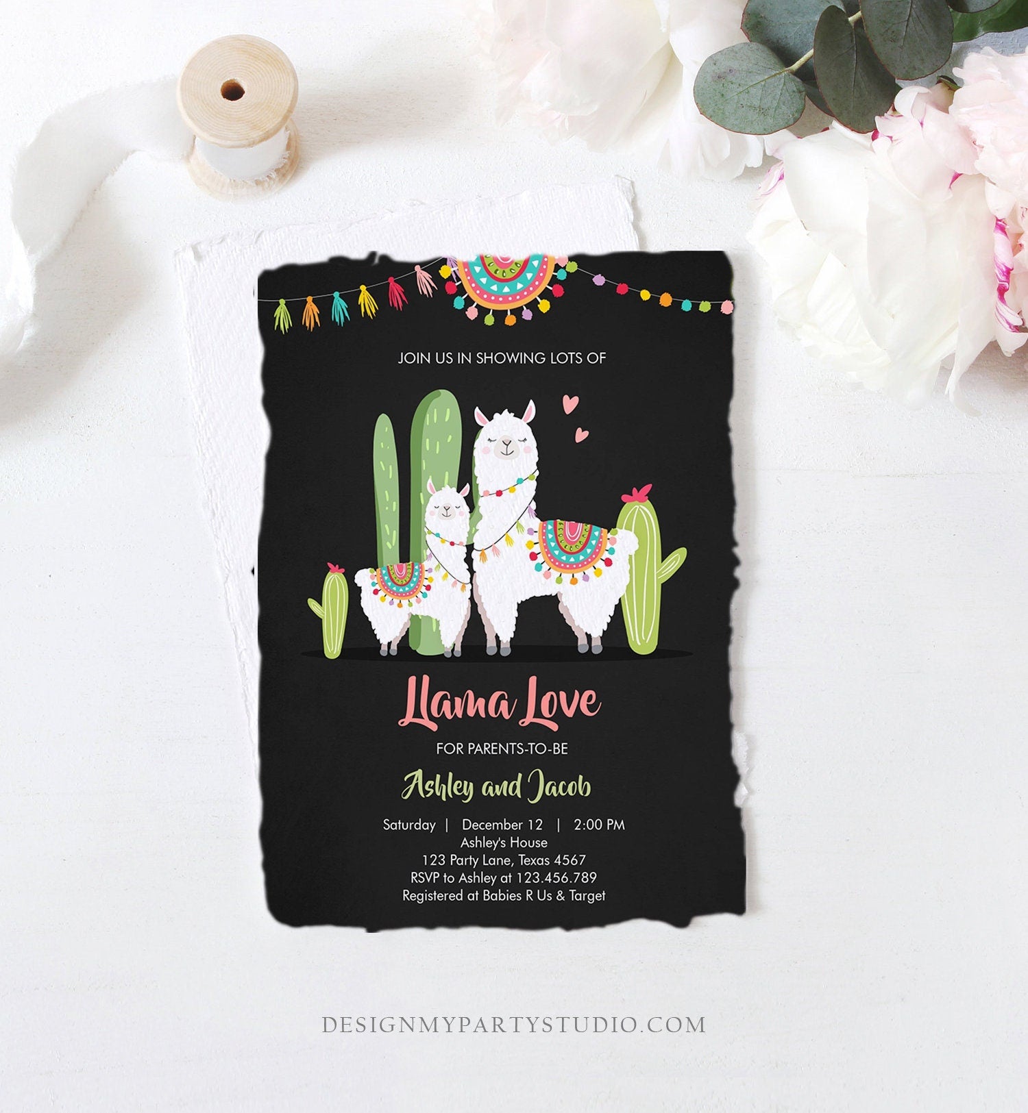 Editable Llama Baby Shower Invitation Llama Love Fiesta Cactus Mexican Couples Coed Shower Digital Download Printable Corjl Template 0079