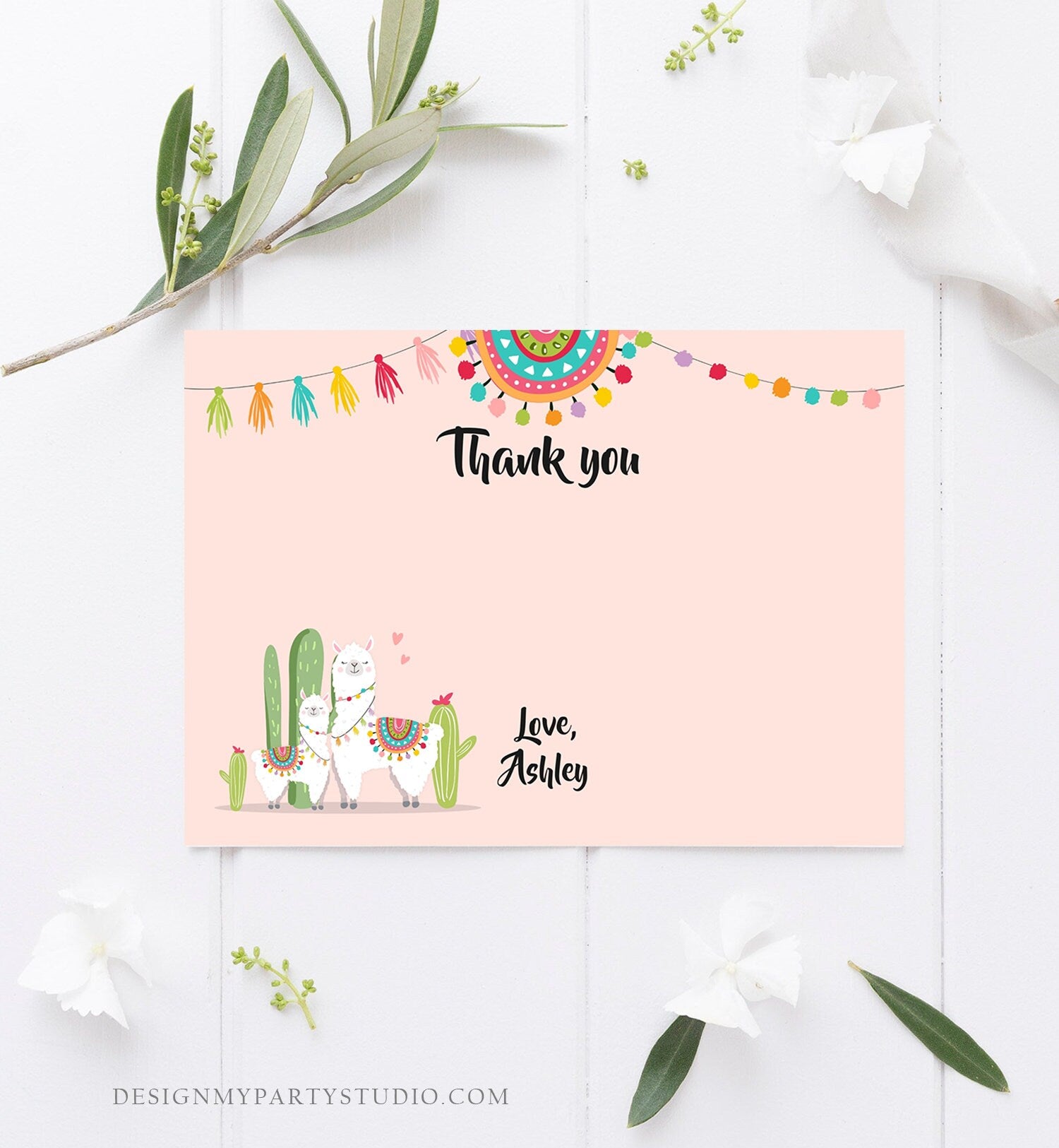 Editable Llama Thank You Card Fiesta Mexican Baby Shower Thank You Note Birthday Cactus Pink Girl Alpaca Corjl Template Printable 0079