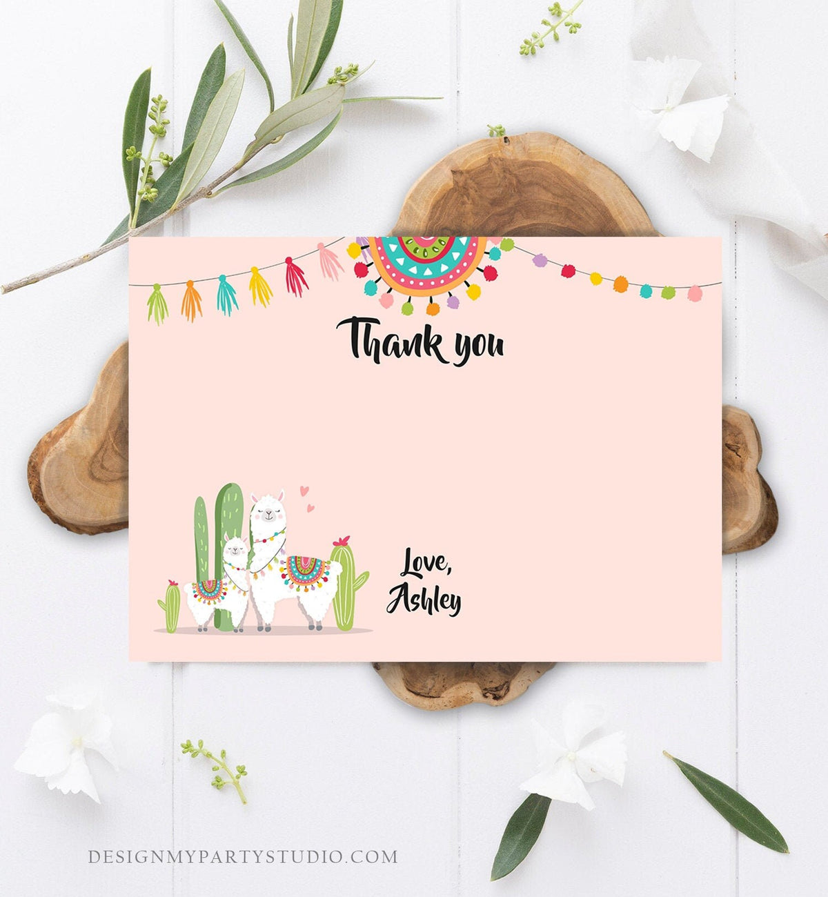 Editable Llama Thank You Card Fiesta Mexican Baby Shower Thank You Note Birthday Cactus Pink Girl Alpaca Corjl Template Printable 0079