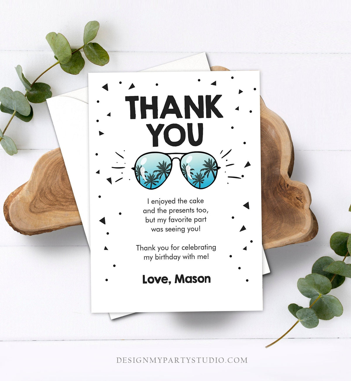 Editable Cool Thank You Card Birthday Boy Sunglasses Two Cool One Cool Dude Birthday Party 2nd Download Corjl Template Printable 0136