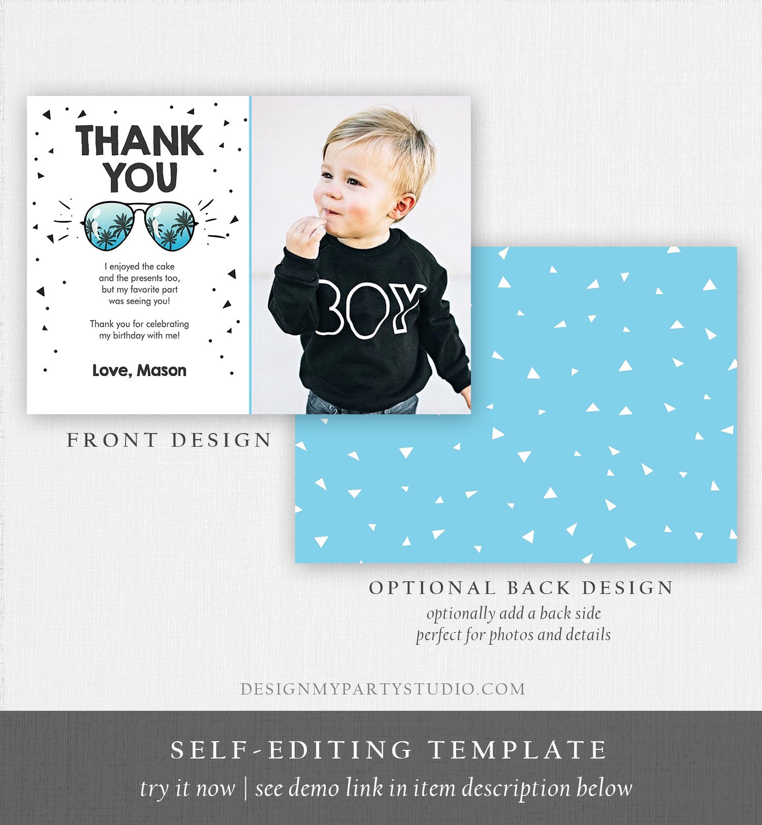 Editable Thank You Card Two Cool Birthday Boy Sunglasses Palm Second Birthday Party Note 2nd White Photo Corjl Template Printable 0136