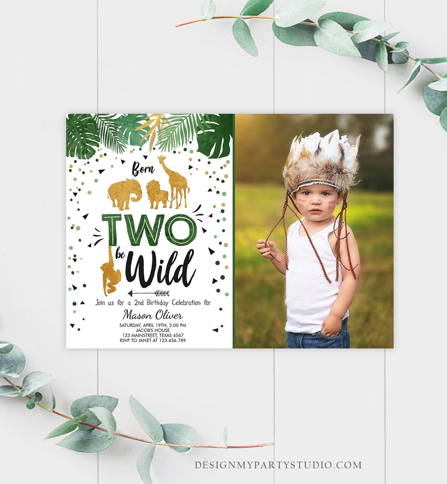 Editable Born Two Be Wild Birthday Invitation Safari Animals Jungle Zoo Boy Second Birthday 2nd Green Gold Printable Corjl Template 0016