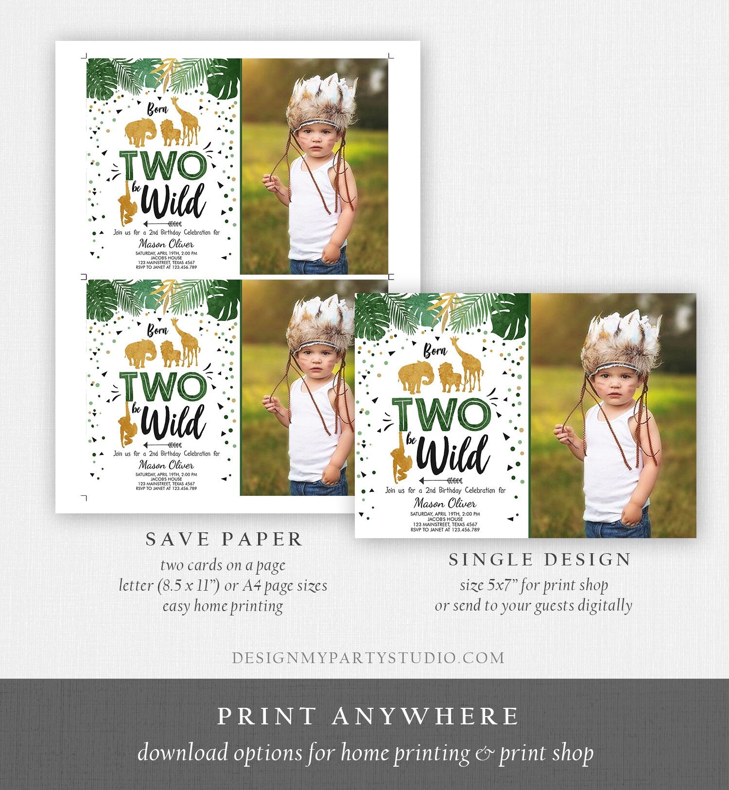 Editable Born Two Be Wild Birthday Invitation Safari Animals Jungle Zoo Boy Second Birthday 2nd Green Gold Printable Corjl Template 0016