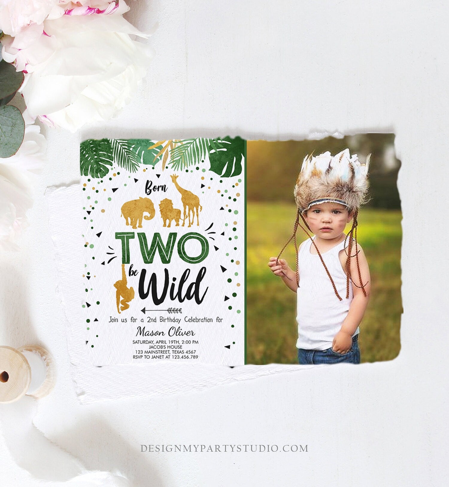 Editable Born Two Be Wild Birthday Invitation Safari Animals Jungle Zoo Boy Second Birthday 2nd Green Gold Printable Corjl Template 0016