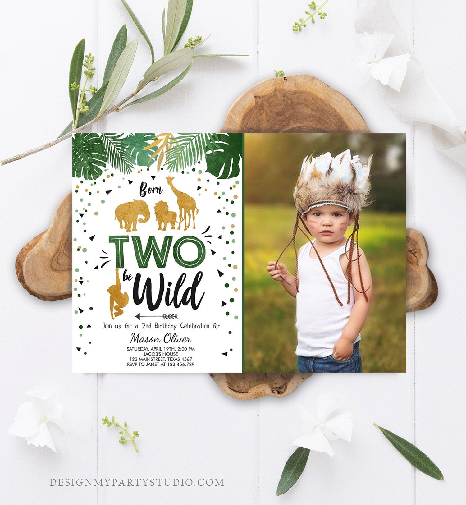 Editable Born Two Be Wild Birthday Invitation Safari Animals Jungle Zoo Boy Second Birthday 2nd Green Gold Printable Corjl Template 0016