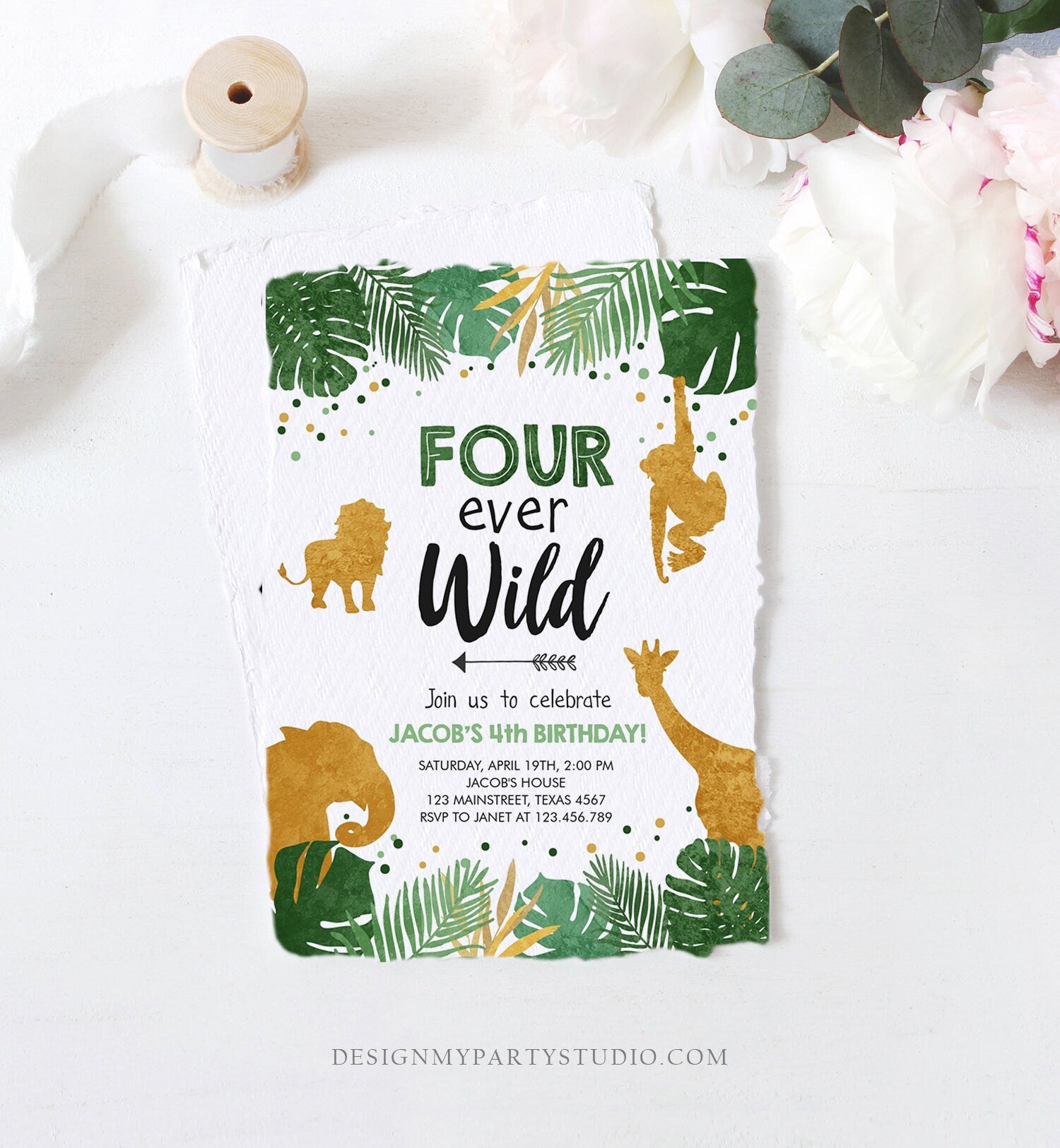 Editable Fourever Wild Birthday Invitation Safari Animals Zoo Jungle Party Gold Boy Fourth Birthday 4th Four Ever Wild Corjl Template 0016