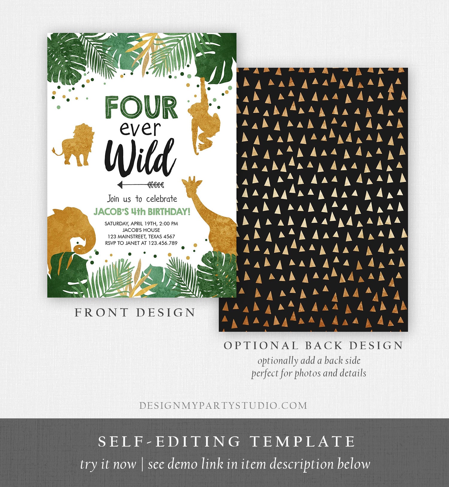 Editable Fourever Wild Birthday Invitation Safari Animals Zoo Jungle Party Gold Boy Fourth Birthday 4th Four Ever Wild Corjl Template 0016