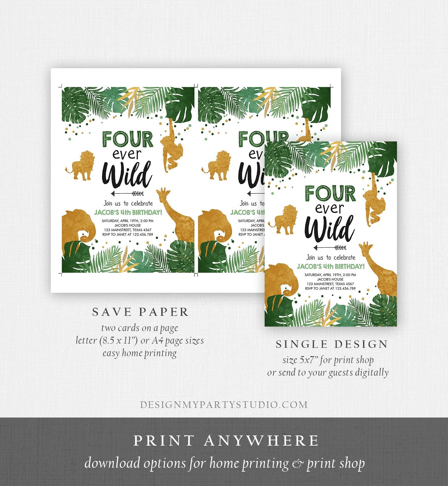 Editable Fourever Wild Birthday Invitation Safari Animals Zoo Jungle Party Gold Boy Fourth Birthday 4th Four Ever Wild Corjl Template 0016