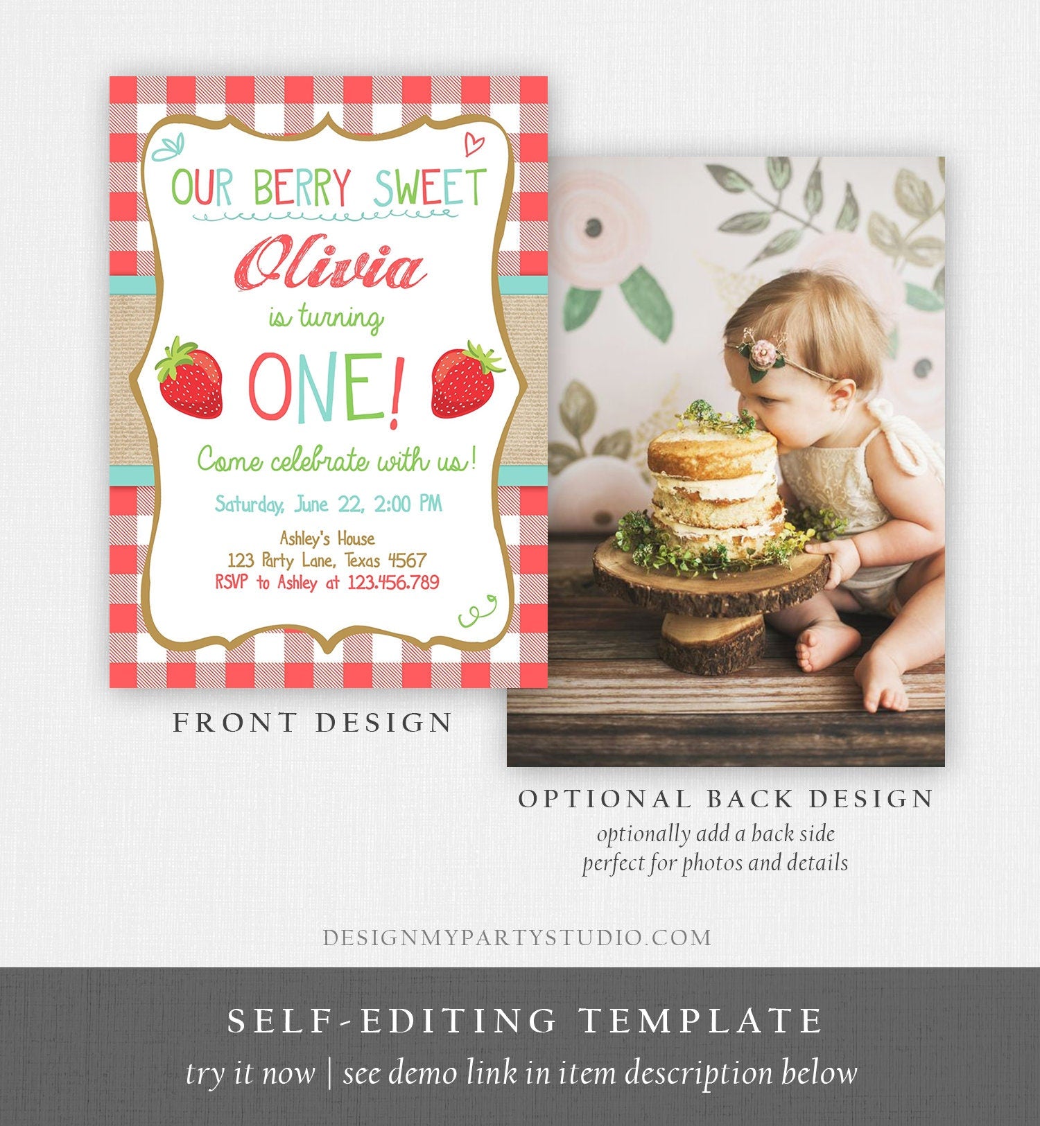 Editable Strawberry Birthday Invitation First Birthday Farmers Market Girl Red Blue Download Printable ANY AGE Template Corjl Digital 0091