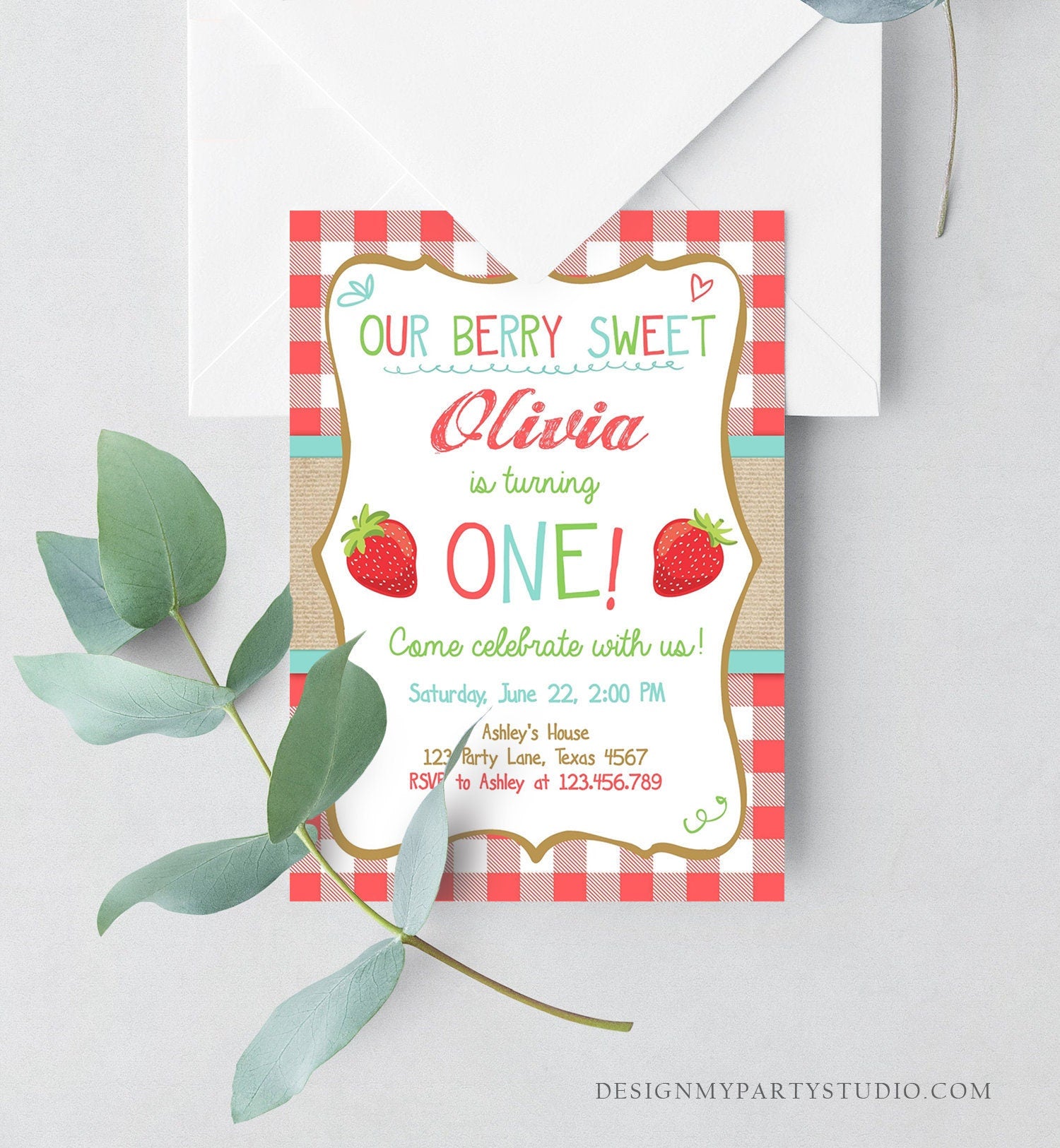 Editable Strawberry Birthday Invitation First Birthday Farmers Market Girl Red Blue Download Printable ANY AGE Template Corjl Digital 0091