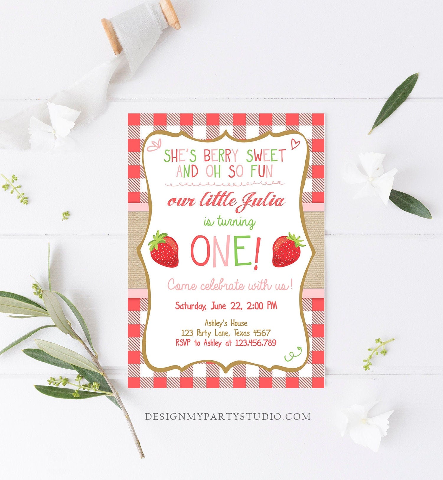 Editable Strawberry Birthday Invitation First Birthday Farmers Market Girl Pink Download Printable ANY AGE Template Corjl Digital 0091