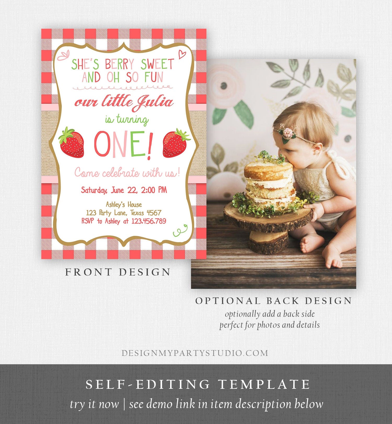 Editable Strawberry Birthday Invitation First Birthday Farmers Market Girl Pink Download Printable ANY AGE Template Corjl Digital 0091