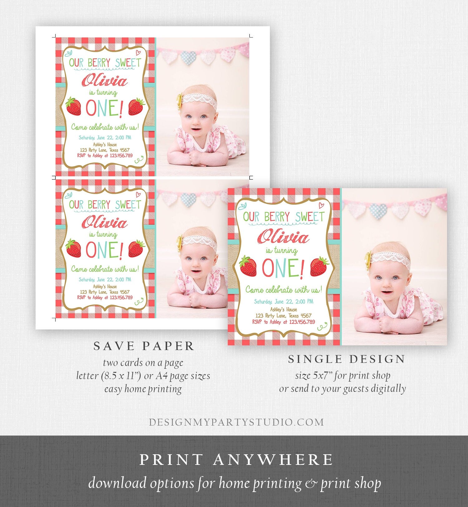 Editable Strawberry Birthday Invitation 1st Birthday Berry Sweet Girl Blue Red Download Printable Invite ANY AGE Template Corjl Digital 0091