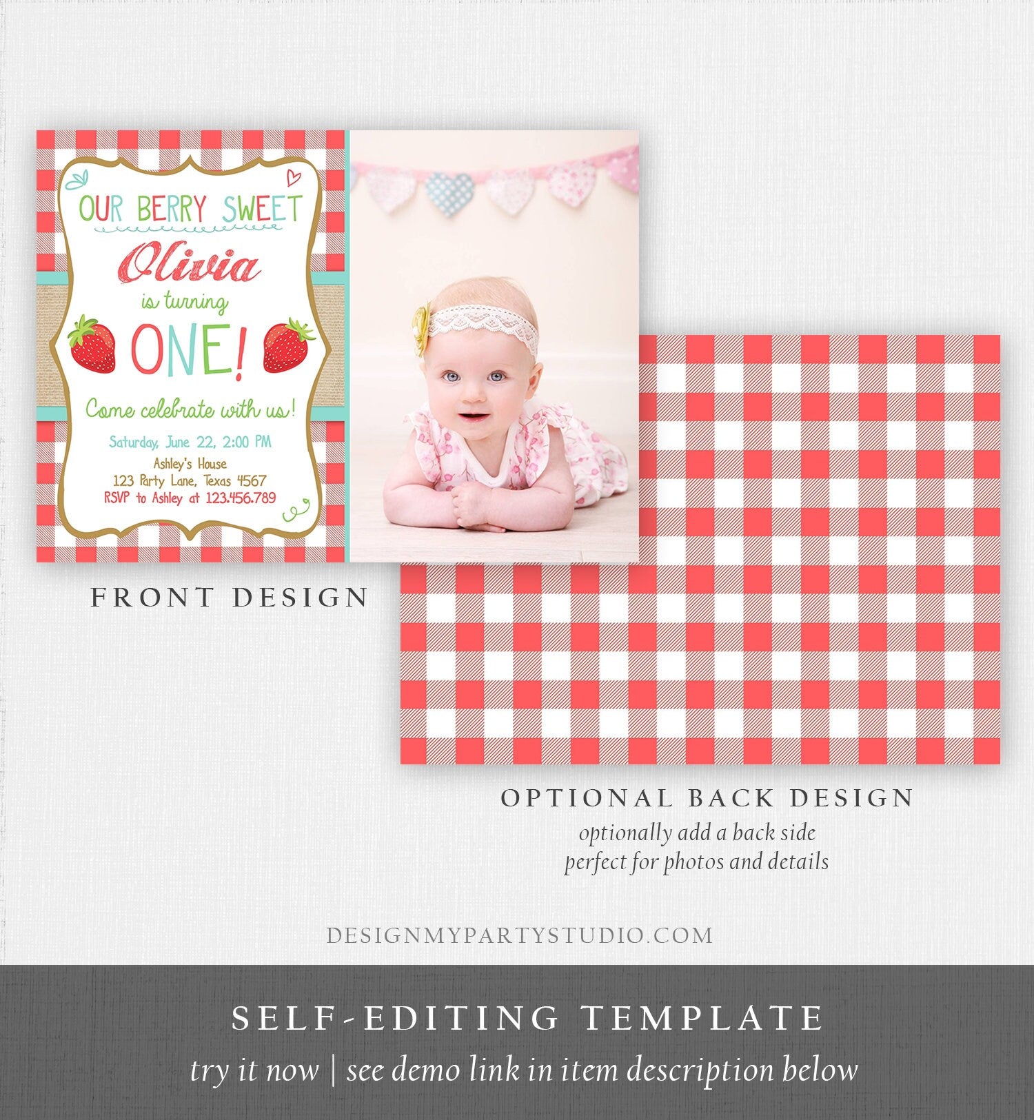 Editable Strawberry Birthday Invitation 1st Birthday Berry Sweet Girl Blue Red Download Printable Invite ANY AGE Template Corjl Digital 0091