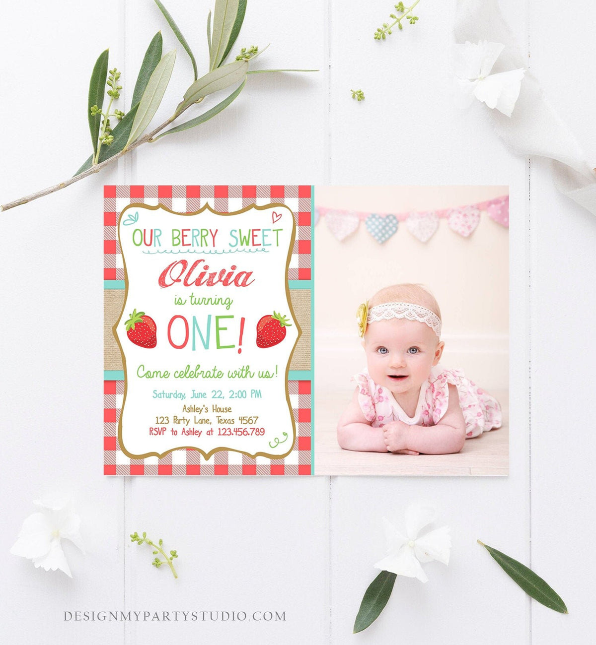 Editable Strawberry Birthday Invitation 1st Birthday Berry Sweet Girl Blue Red Download Printable Invite ANY AGE Template Corjl Digital 0091