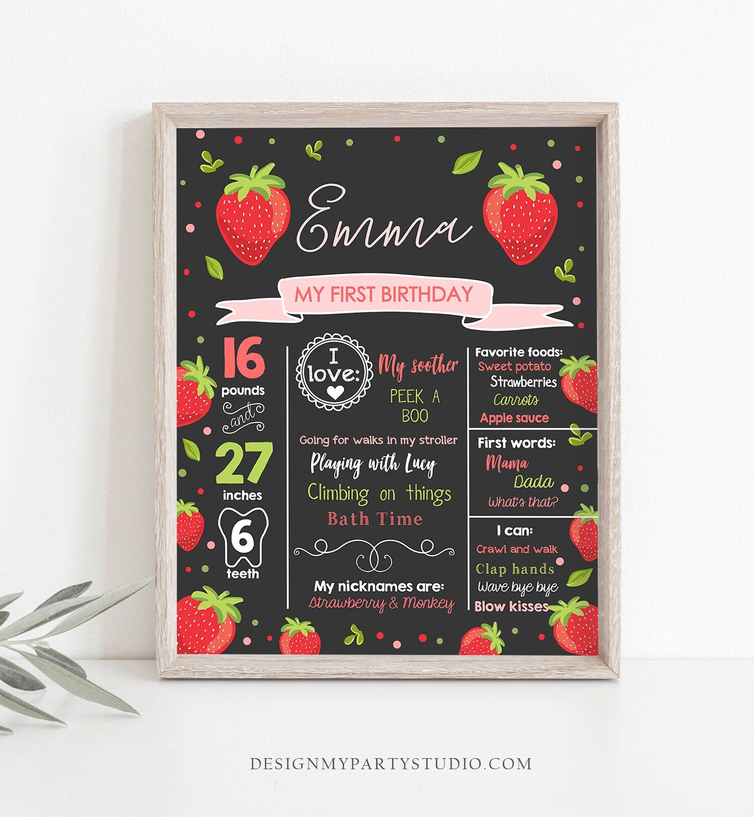 Editable Birthday Milestones Sign Strawberry First Birthday Girl Pink Red Strawberry Decor Summer Download Template Printable Corjl 0091