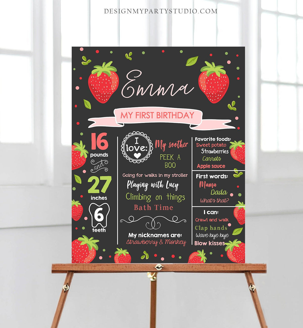 Editable Birthday Milestones Sign Strawberry First Birthday Girl Pink Red Strawberry Decor Summer Download Template Printable Corjl 0091