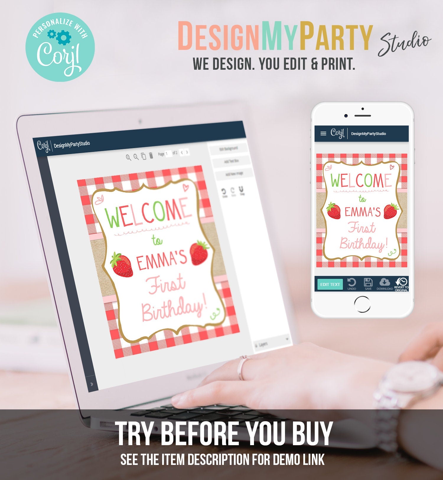 Editable Strawberry Welcome Sign Strawberry Birthday Party Welcome Farmers Market Girl Summer Red Pink Berry Template PRINTABLE Corjl 0091