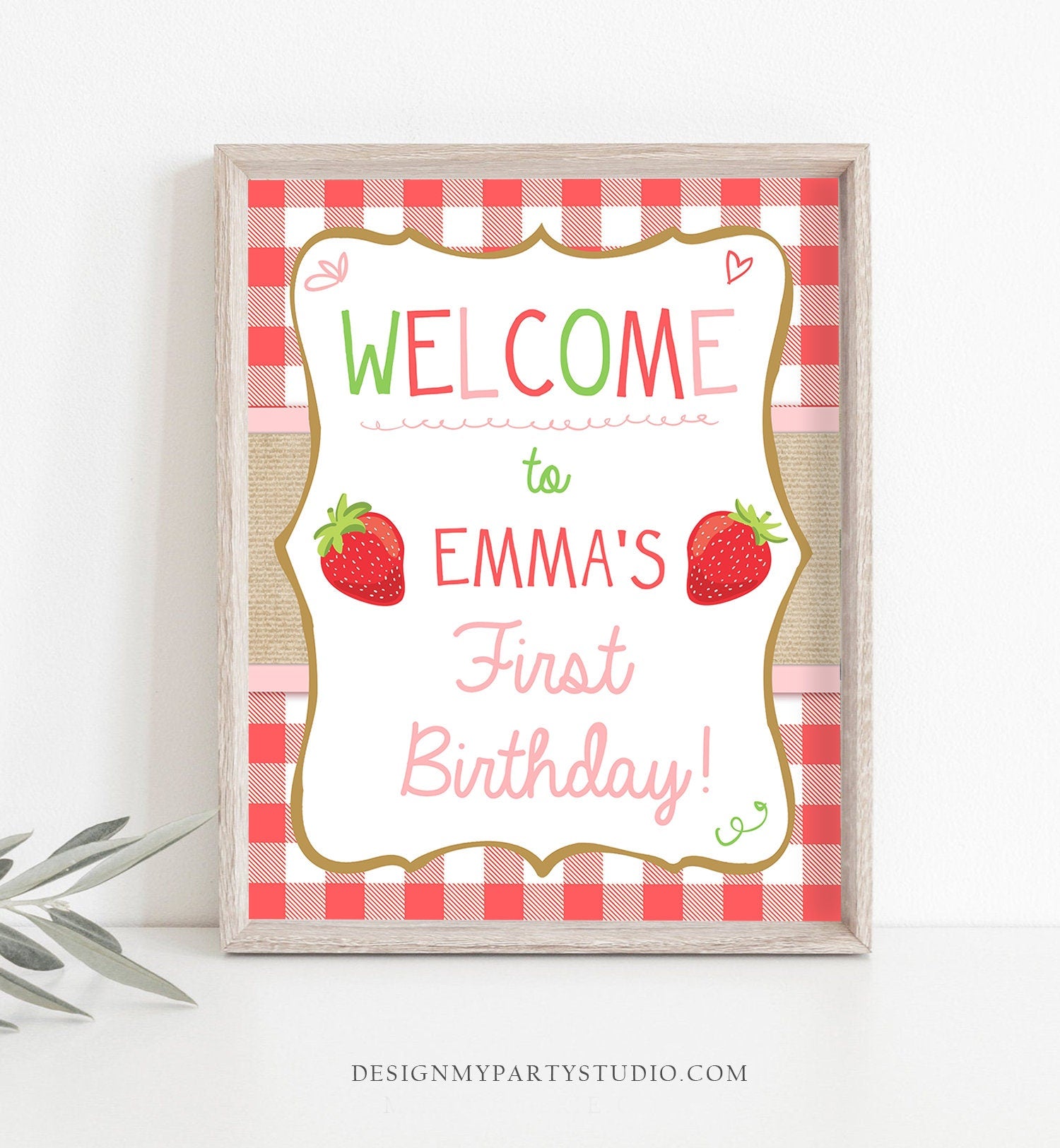 Editable Strawberry Welcome Sign Strawberry Birthday Party Welcome Farmers Market Girl Summer Red Pink Berry Template PRINTABLE Corjl 0091