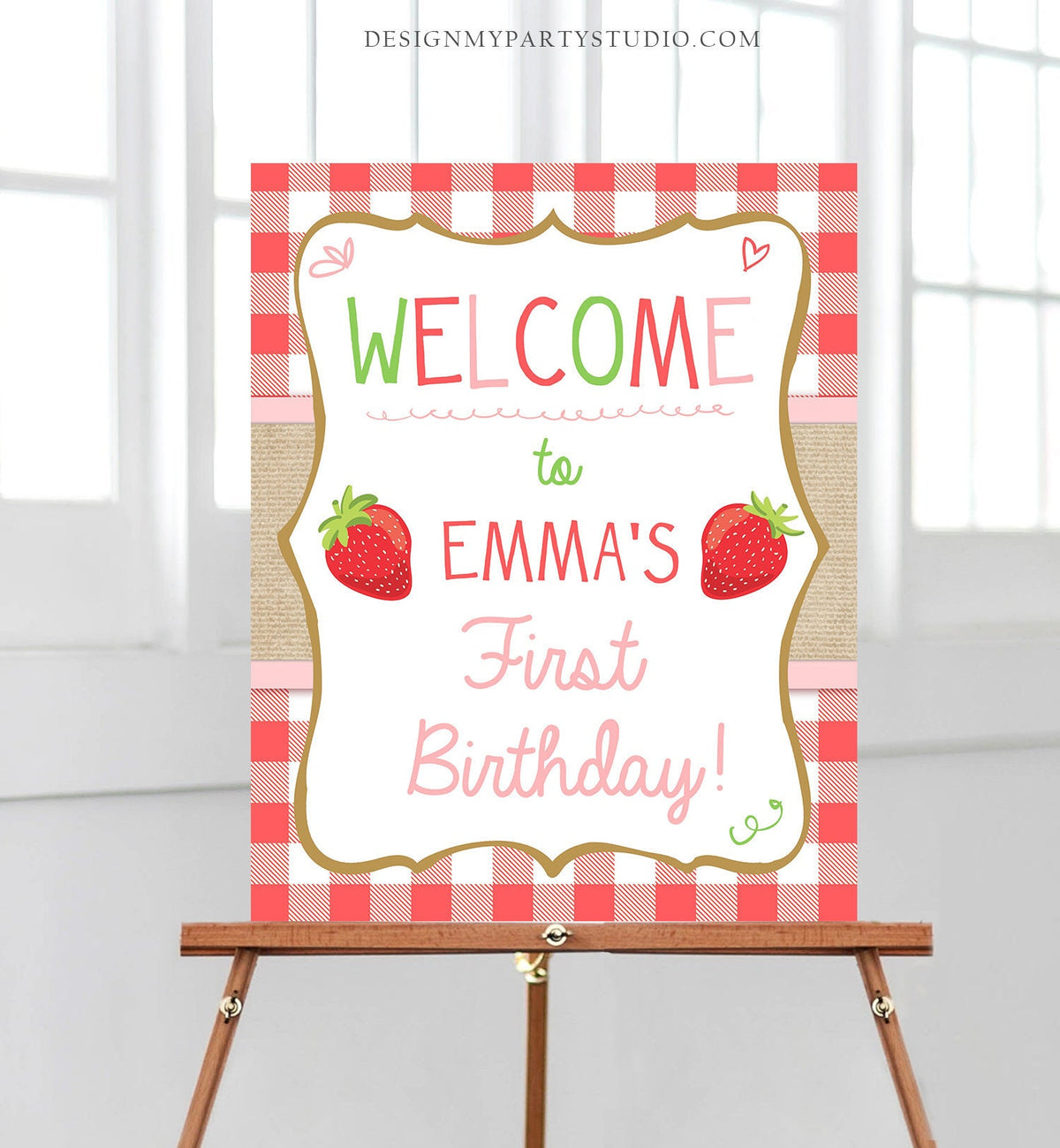 Editable Strawberry Welcome Sign Strawberry Birthday Party Welcome Farmers Market Girl Summer Red Pink Berry Template PRINTABLE Corjl 0091