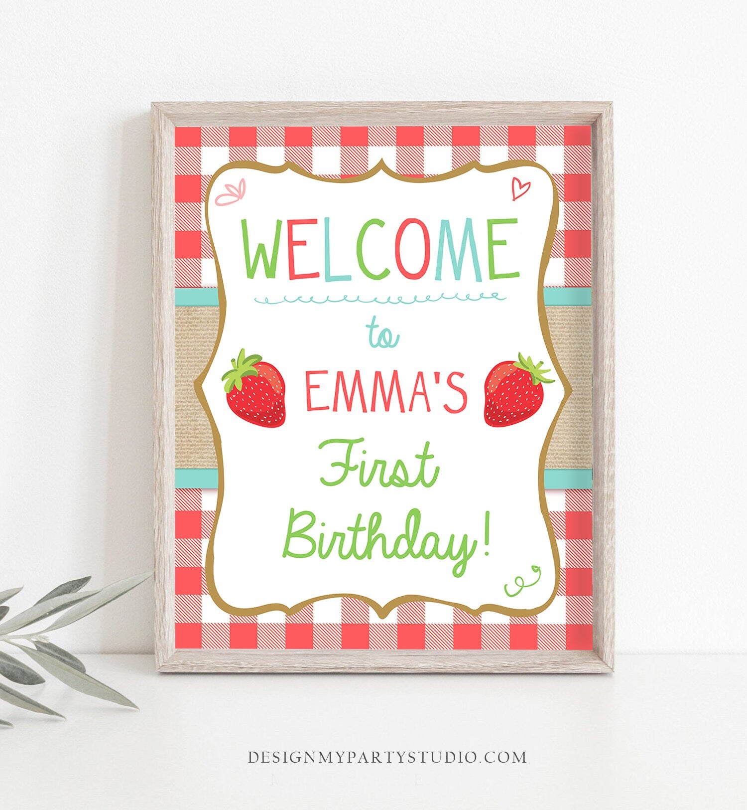 Editable Strawberry Welcome Sign Strawberry Birthday Party Welcome Farmers Market Girl Summer Red Blue Berry Template PRINTABLE Corjl 0091