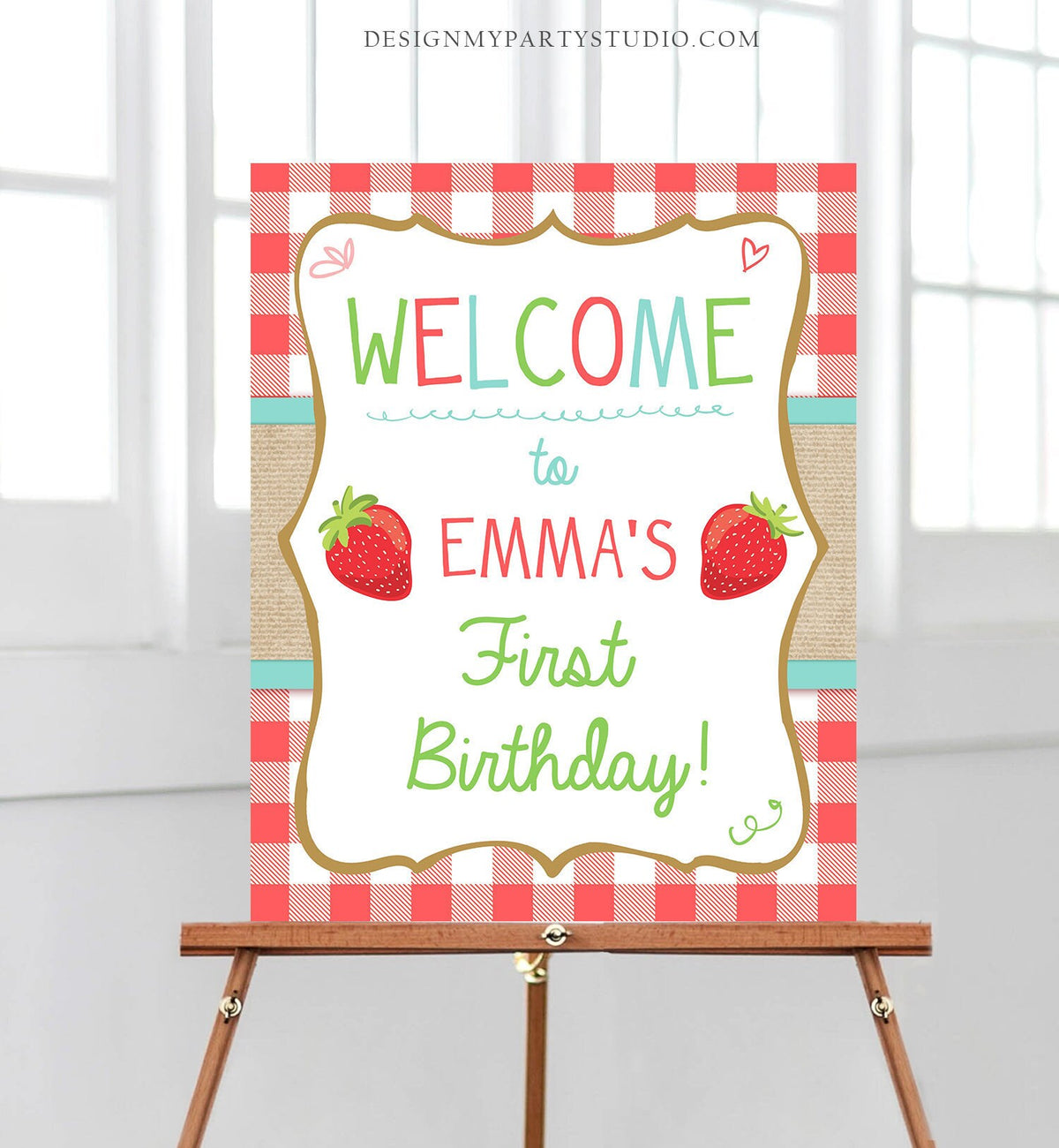 Editable Strawberry Welcome Sign Strawberry Birthday Party Welcome Farmers Market Girl Summer Red Blue Berry Template PRINTABLE Corjl 0091