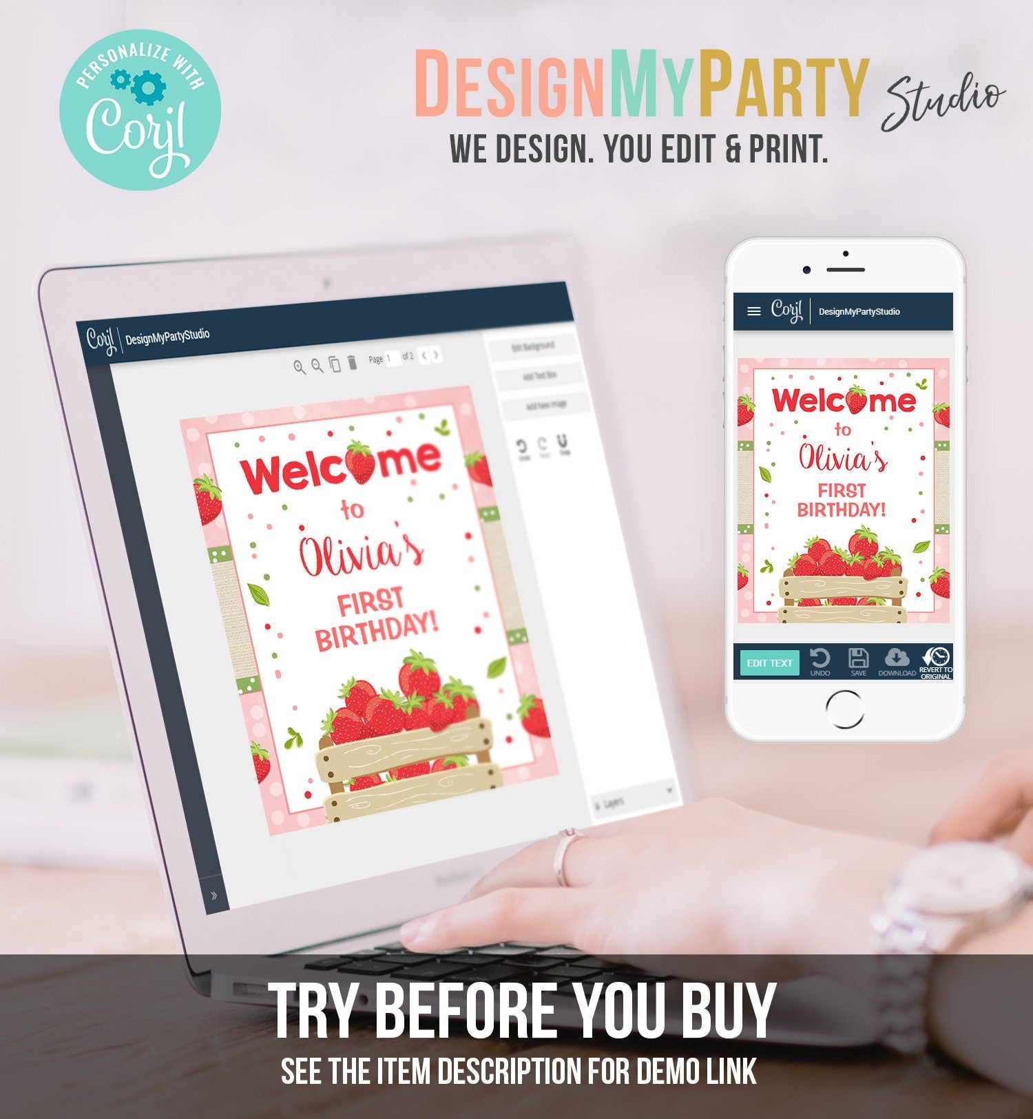 Editable Strawberry Welcome Sign Strawberry Birthday Party Welcome Farmers Market Girl Summer Fruit Berry Digital Template Printable 0091