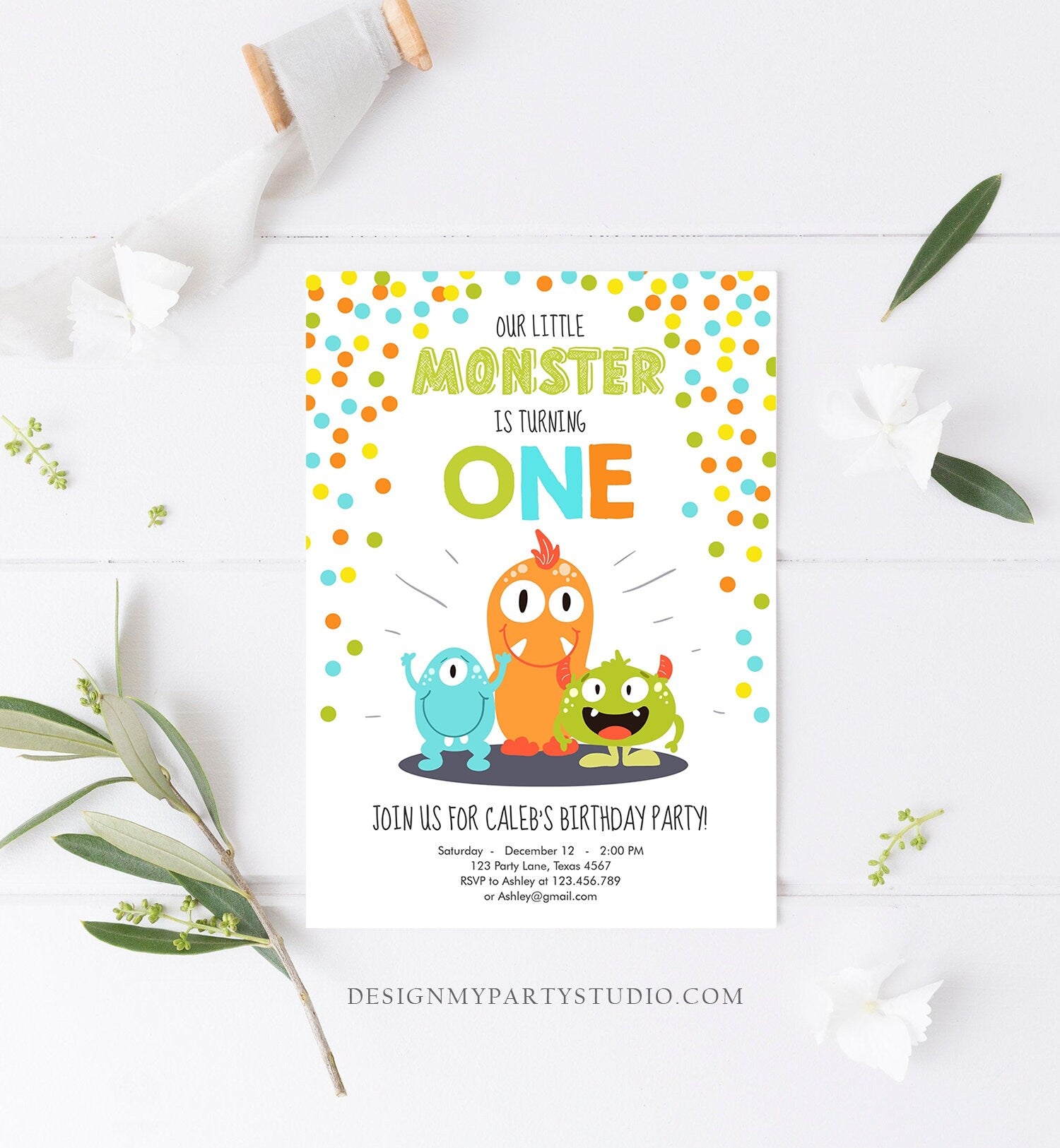 Editable Little Monster Birthday Invitation First Birthday Party Monsters Boy Confetti 1st Orange Blue One Printable Corjl Template 0058