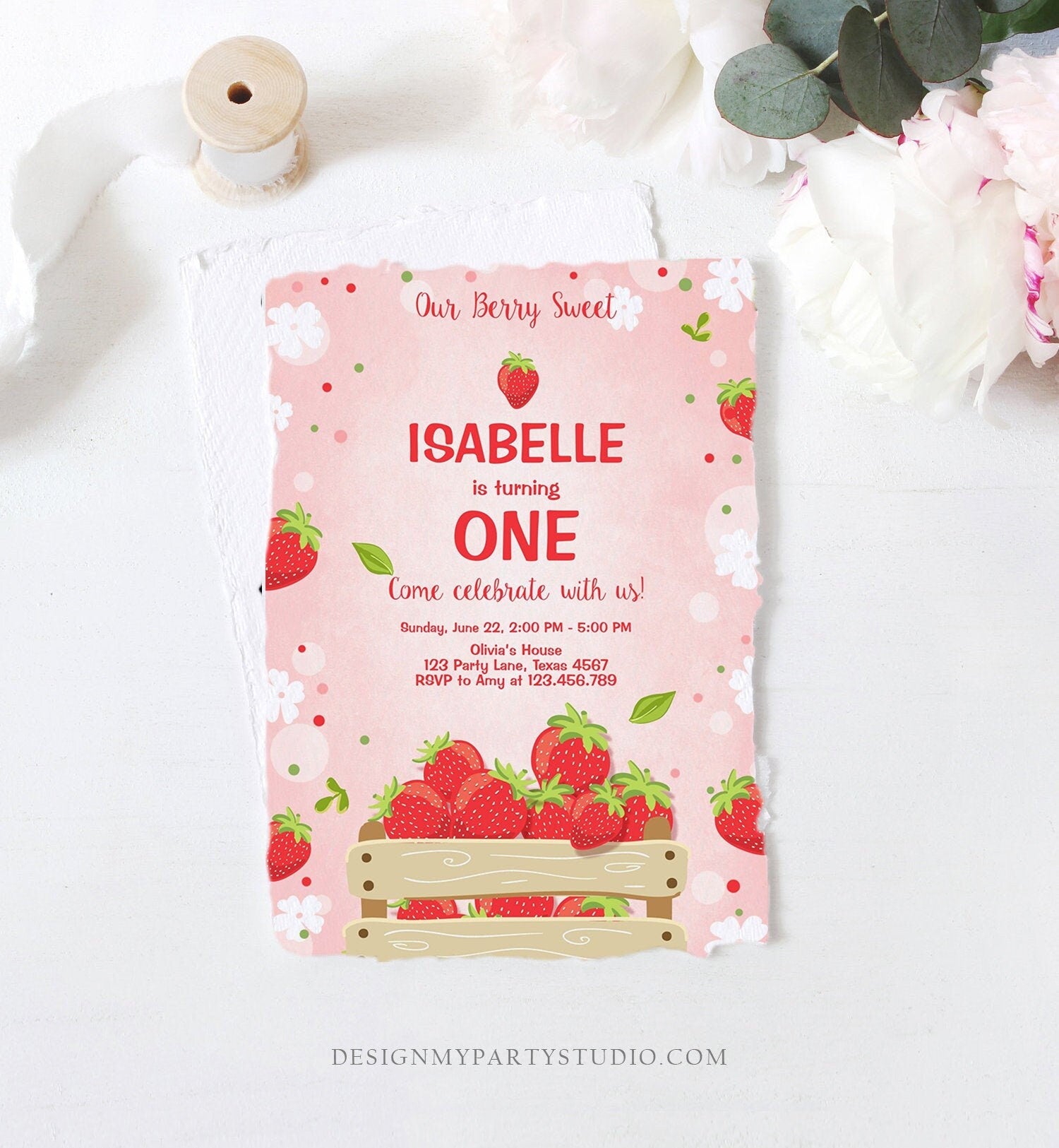 Editable Strawberry Birthday Invitation Berry Sweet Girl Farmers Market Download Printable Invitation ANY AGE Template Digital Corjl 0091