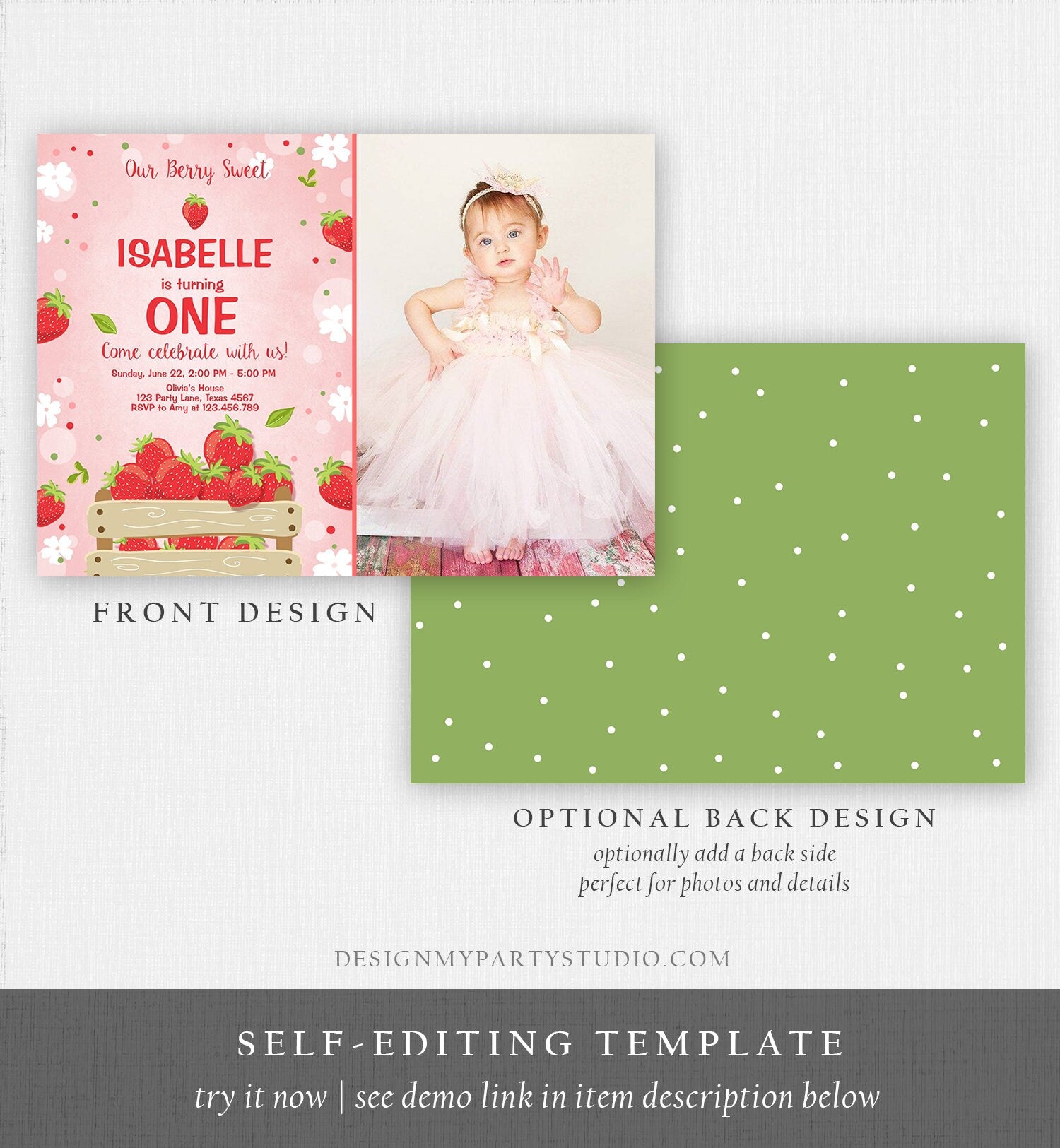 Editable Strawberry Birthday Invitation Berry Sweet Girl Farmers Market Download Printable Invitation ANY AGE Template Digital Corjl 0091