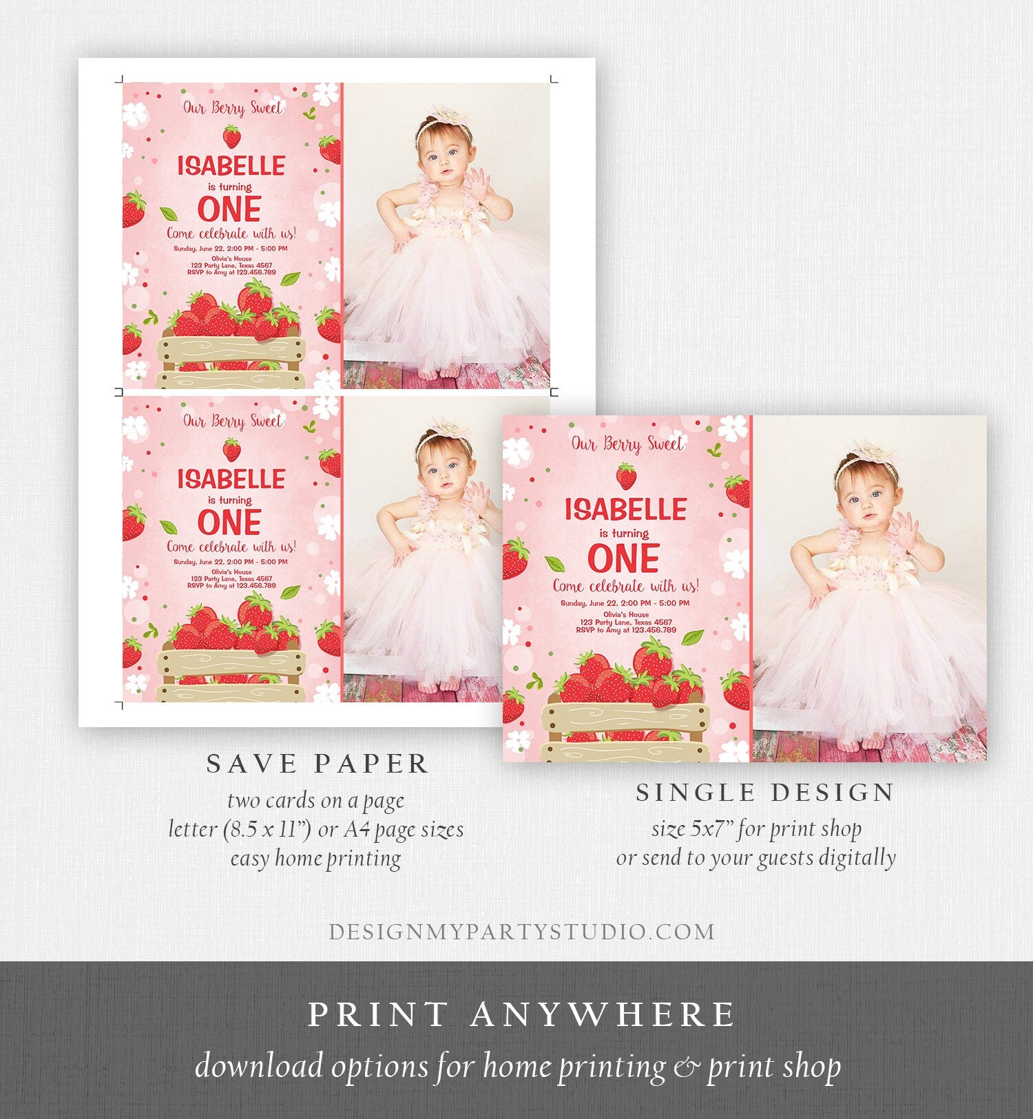 Editable Strawberry Birthday Invitation Berry Sweet Girl Farmers Market Download Printable Invitation ANY AGE Template Digital Corjl 0091