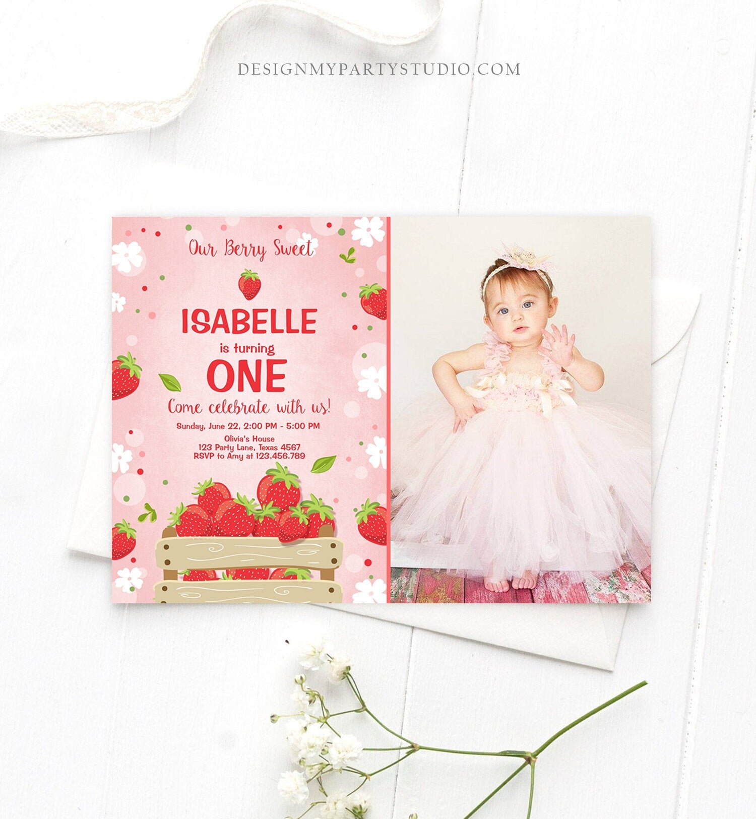 Editable Strawberry Birthday Invitation Berry Sweet Girl Farmers Market Download Printable Invitation ANY AGE Template Digital Corjl 0091