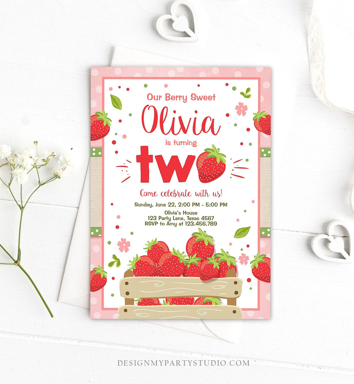 Editable Strawberry Birthday Invitation Second Birthday Berry Two Sweet Girl Summer Farm Download Printable Template Digital Corjl 0091