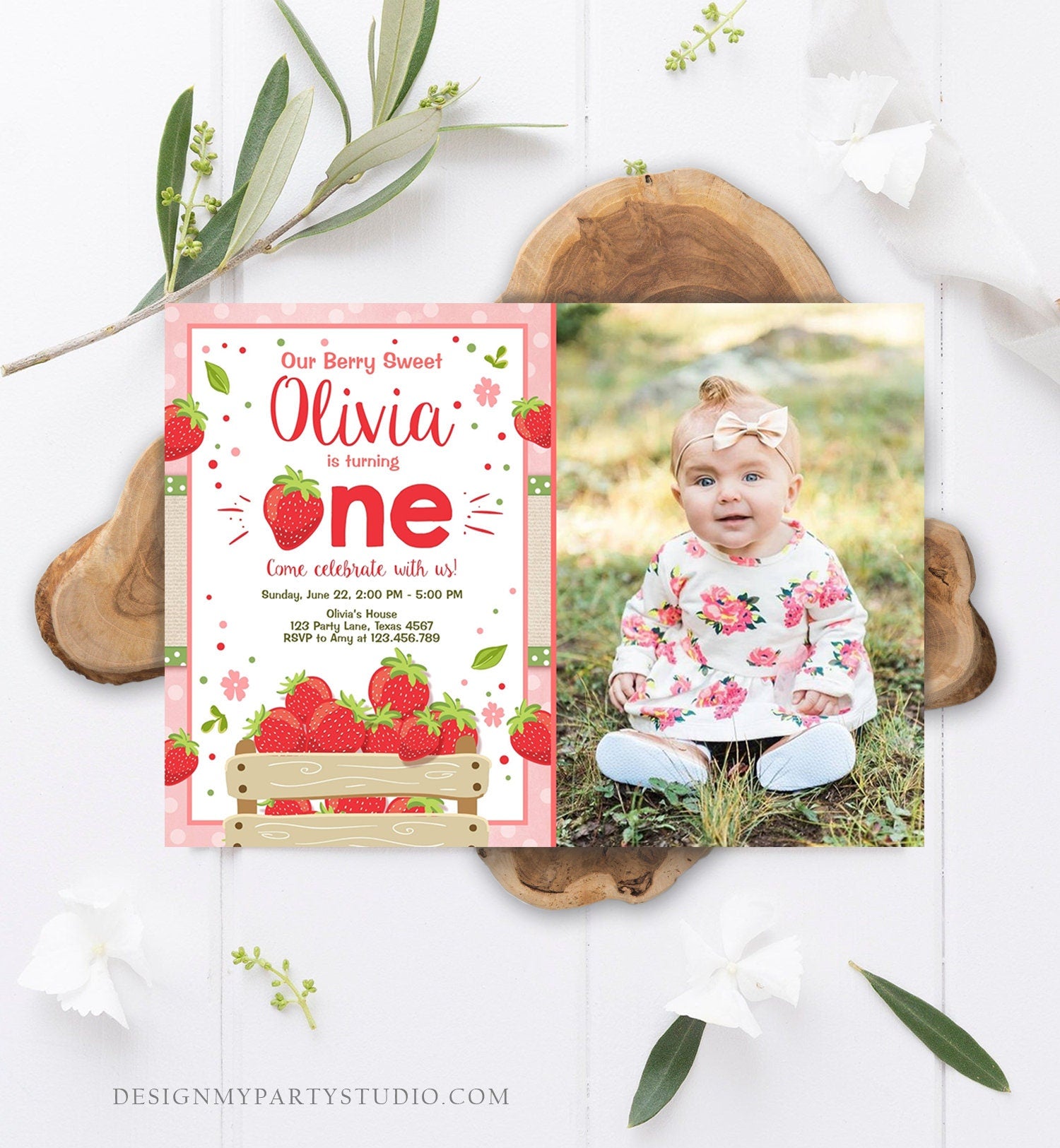 Editable Strawberry Birthday Invitation Girl First Birthday Berry Sweet Pink Download Printable Invitation Template Digital Corjl 0091