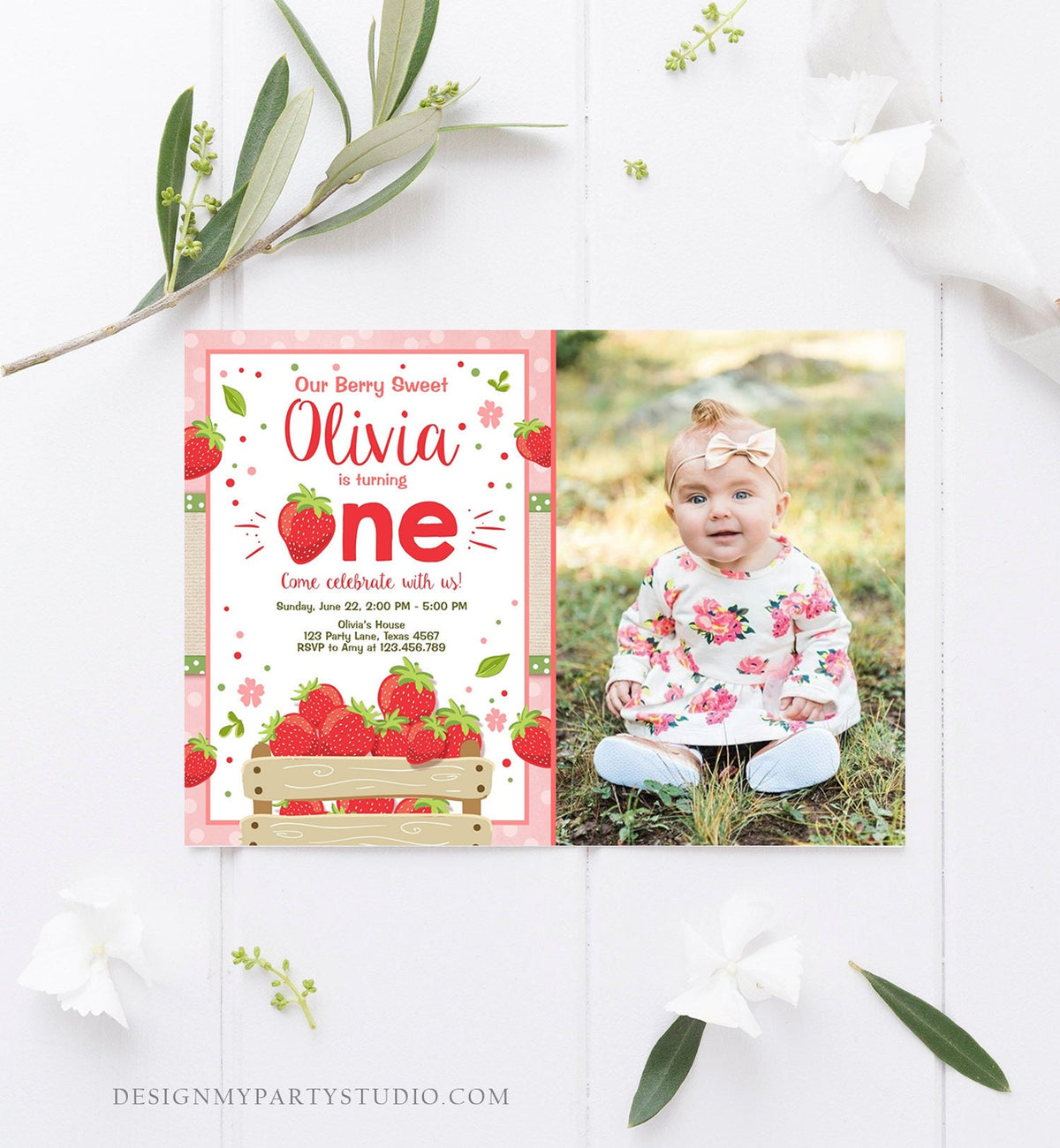 Editable Strawberry Birthday Invitation Girl First Birthday Berry Sweet Pink Download Printable Invitation Template Digital Corjl 0091