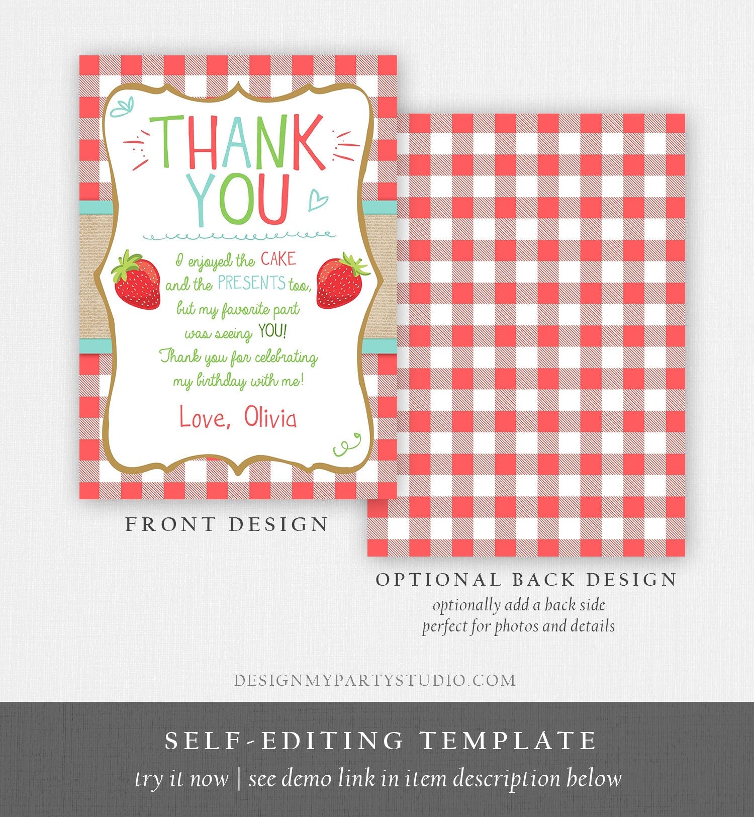 Editable Strawberry Thank You Card Birthday Strawberry Birthday Farmers Market Girl Berry Sweet Download Printable Template Corjl 0091